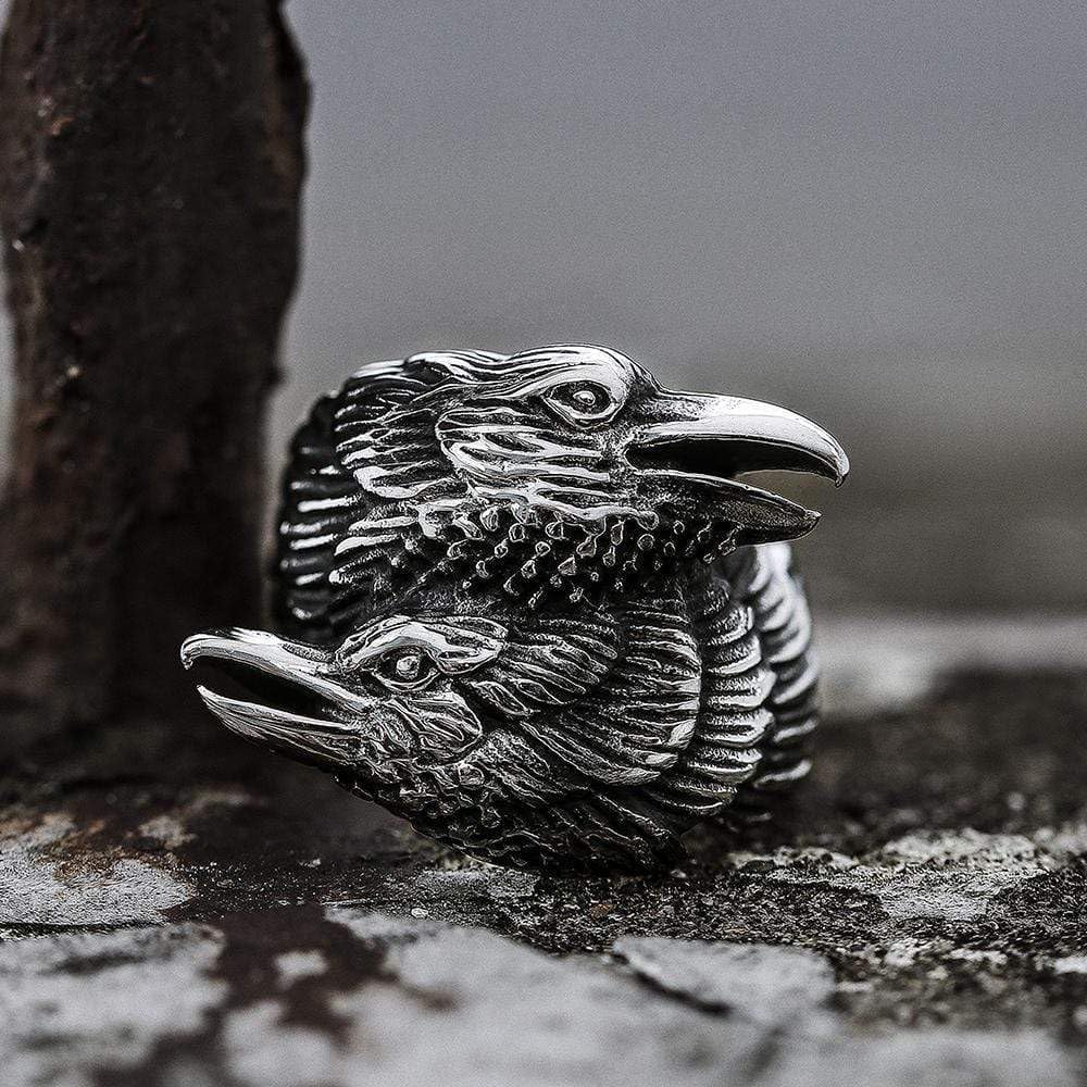 GTHIC Stainless Steel Viking Double Raven Head Ring For Men Women Retro Punk Odin's Crows Amulet Animal Rings Jewelry, Size 7-13