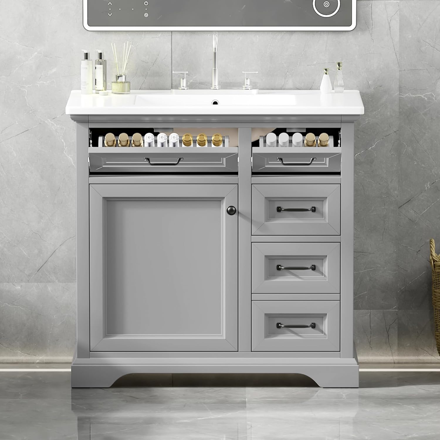36" Bathroom Vanity with Sink, Ceramic Sink, 2 Tip-Out Drawers, Soft Close Door Hinges, Light Gray