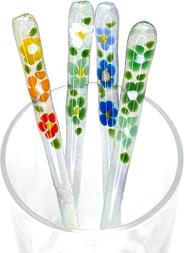 studioTica Handmade Glass Swizzle Sticks Secret Garden, Set of 4 | 7.25-inch, Coffee, Tea, Mug Stirrer, Paradise Collection, Gift Box