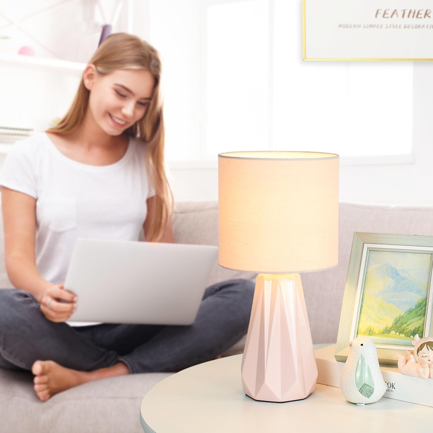 Lampwell Elisa Light Pink Small Table Lamp for Living Room as Bedside Table Lamp for Bedroom,Modern Ceramic Kids Night Table Lamp,Φ6.1×H12.4IN,Bulb Excluded