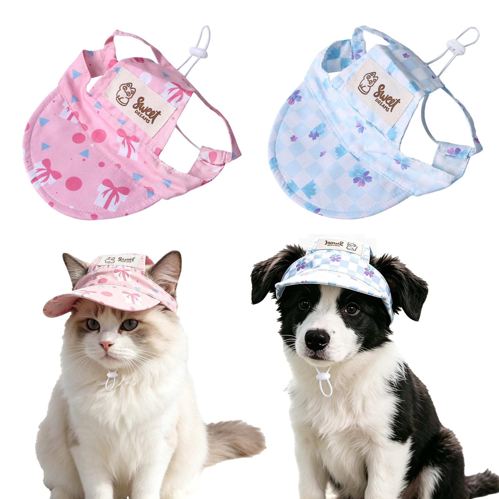 KASESSS 2 Pcs Cat Hats, Dog Hat with Ear Holes, UV Protection Small Dog Cap, Adjustable Rope Bucket Hat, Cute Breathable Round Cap for Puppies Cats Outdoor Travel Sport Walking, Pink and Blue