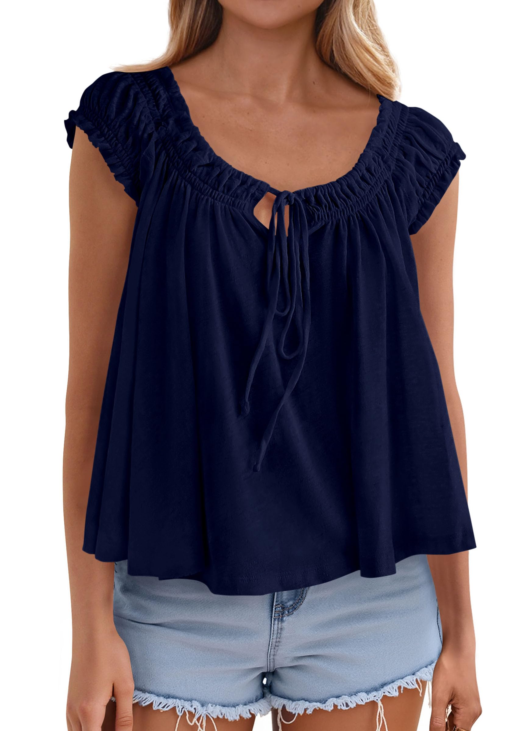 Womens Tie Front Tank Tops 2026 Summer Fashion Cap Sleeve Babydoll Blouses Flowy Shirts Spring Going Out Outfits