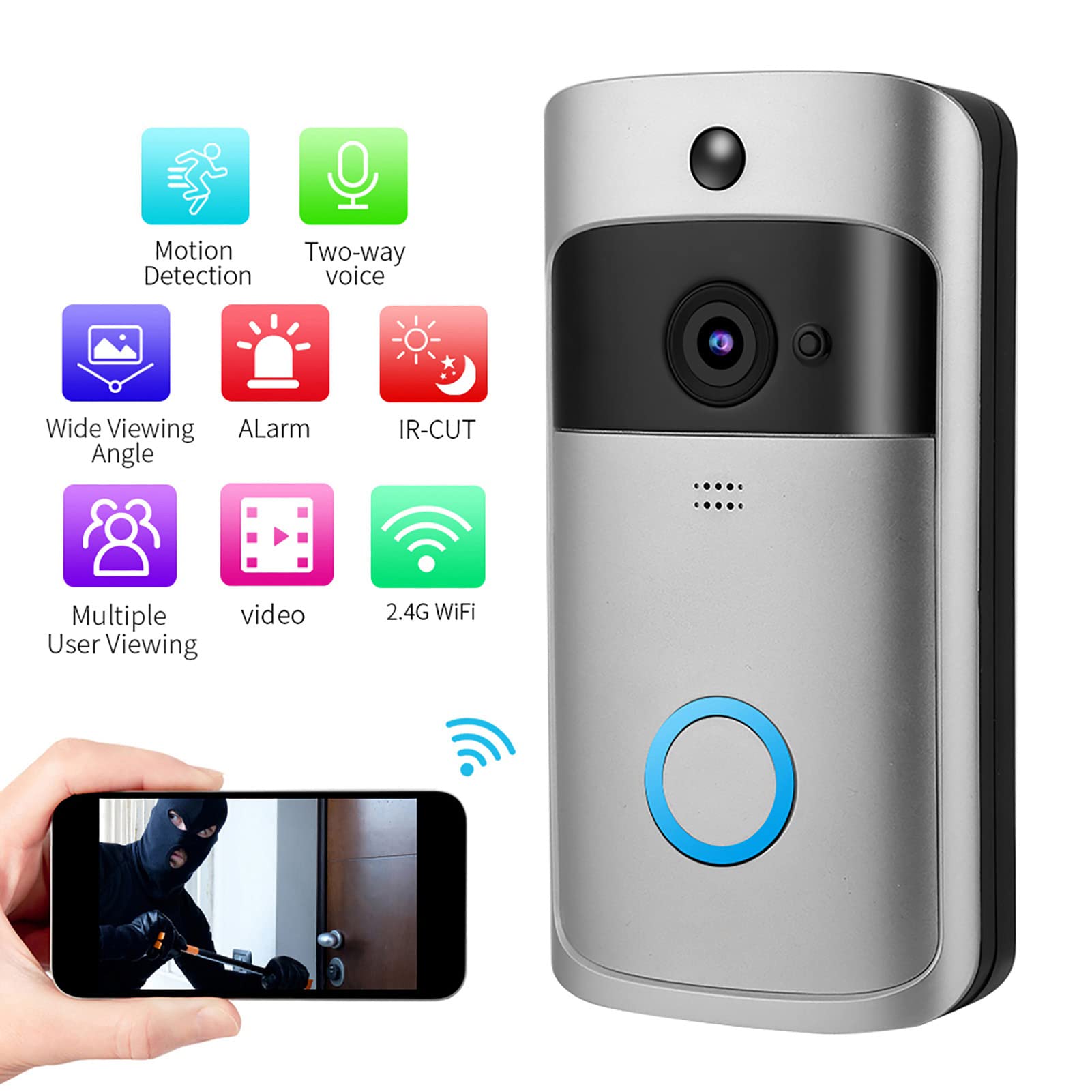 Cryfokt Timbre de Vídeo con Control Remoto WiFi Inteligente, Cámara Infrarroja Inalámbrica con Detección de Movimiento PIR y Gran Angular de 166°, Comunicación Bidireccional con