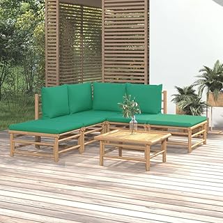 6-Piece Garden Lounge Set with Natural Bamboo Frame and Green Cushions, ...