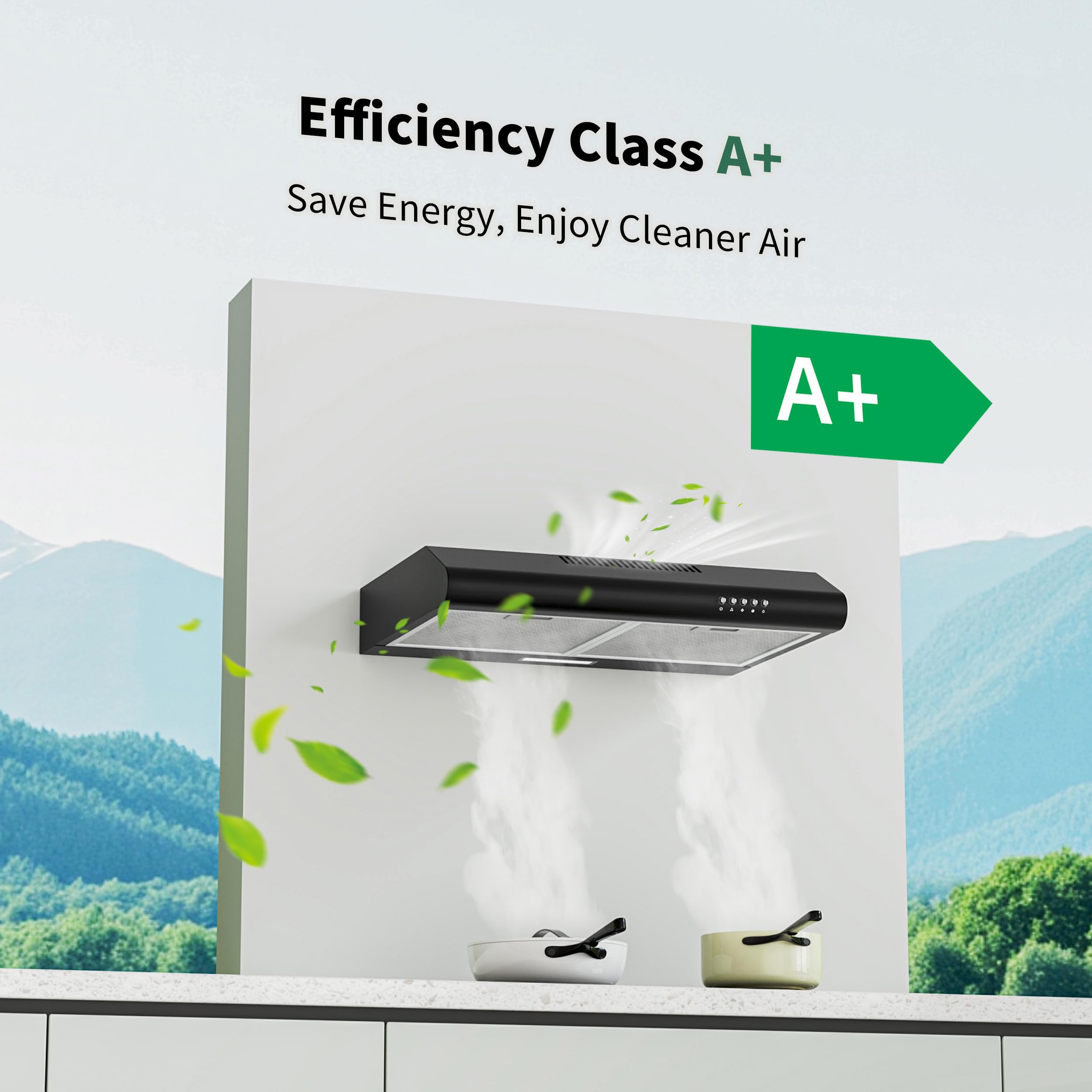 FIREGAS 60cm Black Cooker Hood, 250m³/h Kitchen Extractor with Push Button Control, 3 Speeds, Quiet Brushless Motor, A+ Energy Rating, LED Light, Ducted or Recirculation - 4