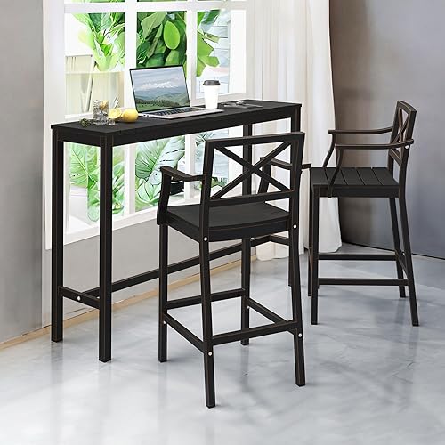 Miniatura 2 de Juego de mesa y sillas de altura de barra para exteriores, 3 piezas con parte superior negra y patas de bronce para patio, con mesa superior alta