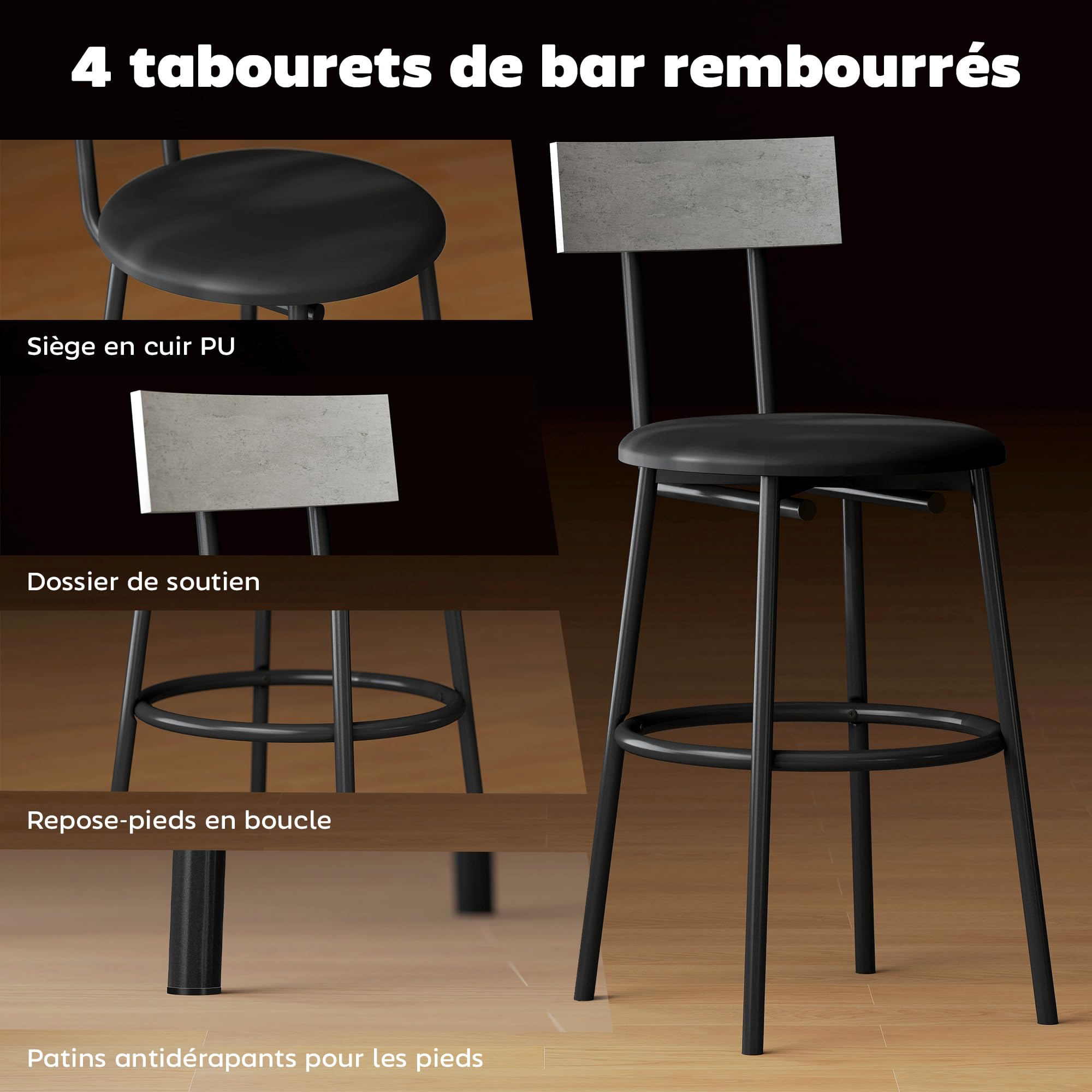 HOMCOM Ensemble table de bar avec tabourets, table haute bar et 4 tabourets, table à manger haute avec chaises, repose-pieds, structure en acier, style industriel, pour salle à manger et cuisine, gris