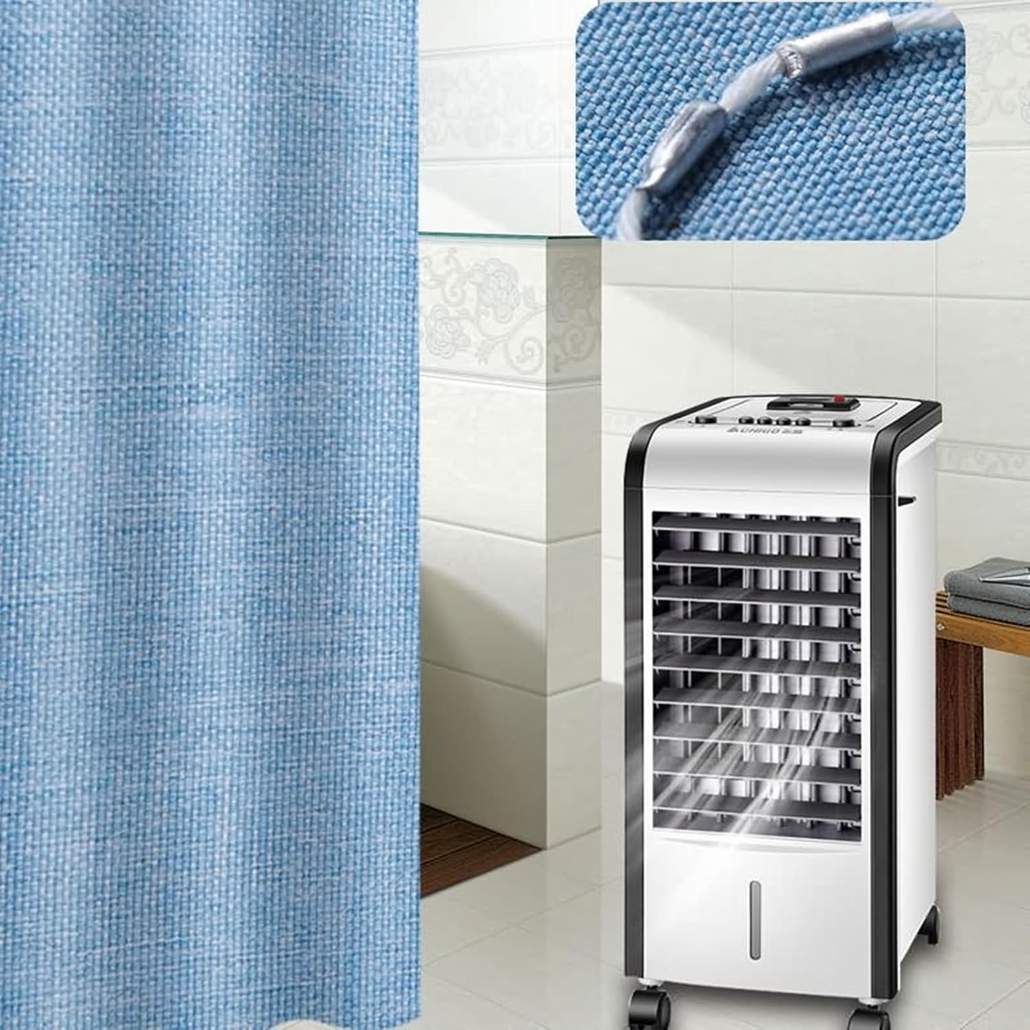 Beydodo 120x80 Polyester Shower Curtain Liner, Bath Shower Curtain Decoration 300x200 Linen Look Blue Shower Curtain with Hooks