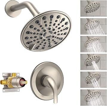 Brushed Nickel Shower Faucet Set, EMBATHER Shower Fixtures with 6 Inch Rainfall Shower Head, Single Handle Control Shower Valve and Trim Kit
