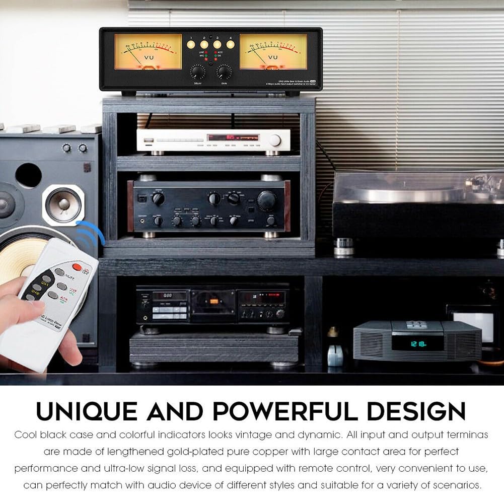 FACAIIO Caja de selección de audio analógica con medidor VU, divisor estéreo de 4 entradas y 1 salida con entrada de micrófono, control de ganancia de sensibilidad, configuración remota de grabación