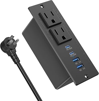 Conference Recessed Power Strip USB C Fast Charging,Furniture Recessed Outlet,Table Power Strip,Flush Mount for Side Table Black, 65W USB-C Ports