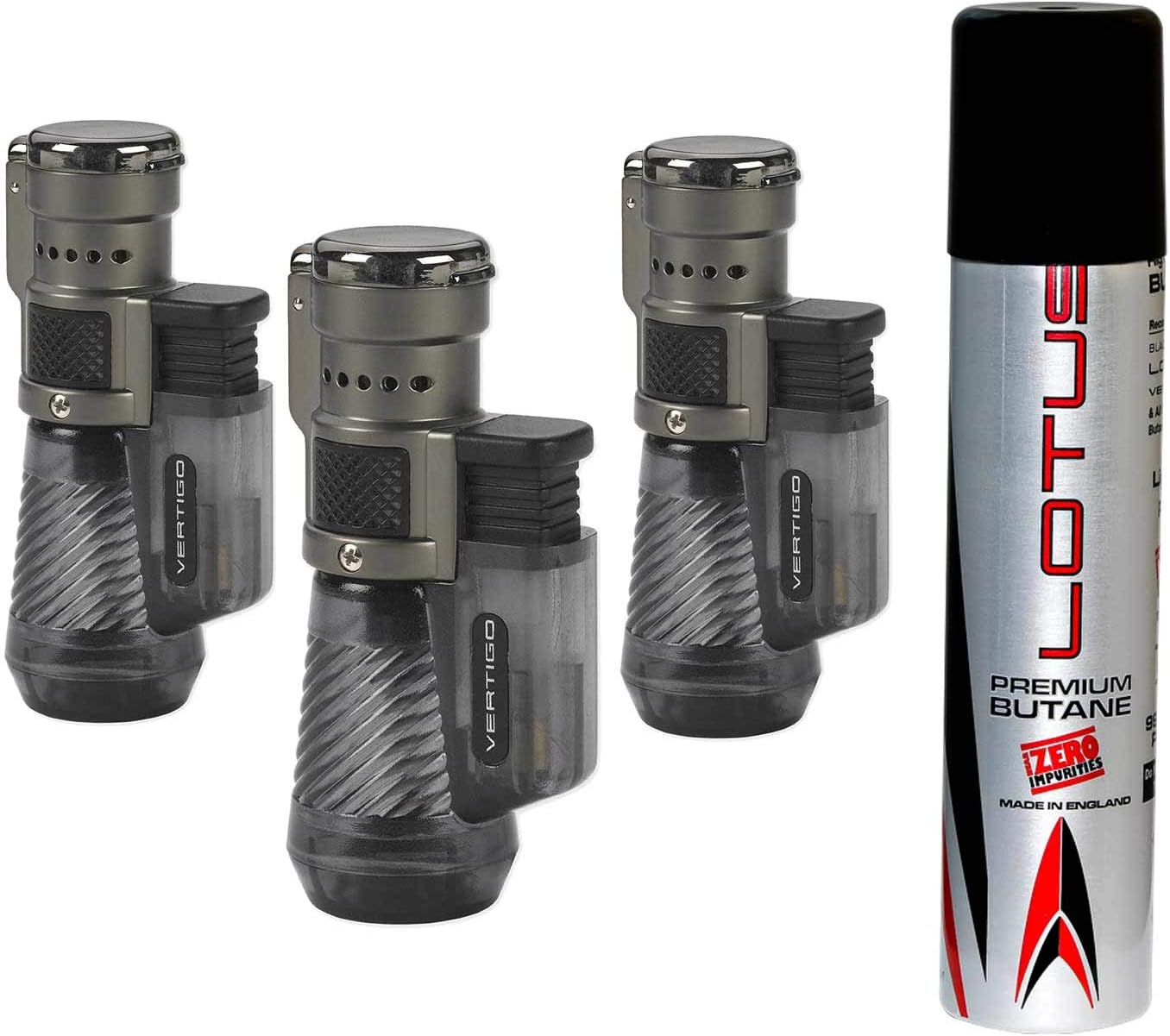 Vertigo by Lotus Cyclone Triple Torch Cigar Lighter Charcoal 3 Pack Plus 1 Lotus 90ml Butane Can