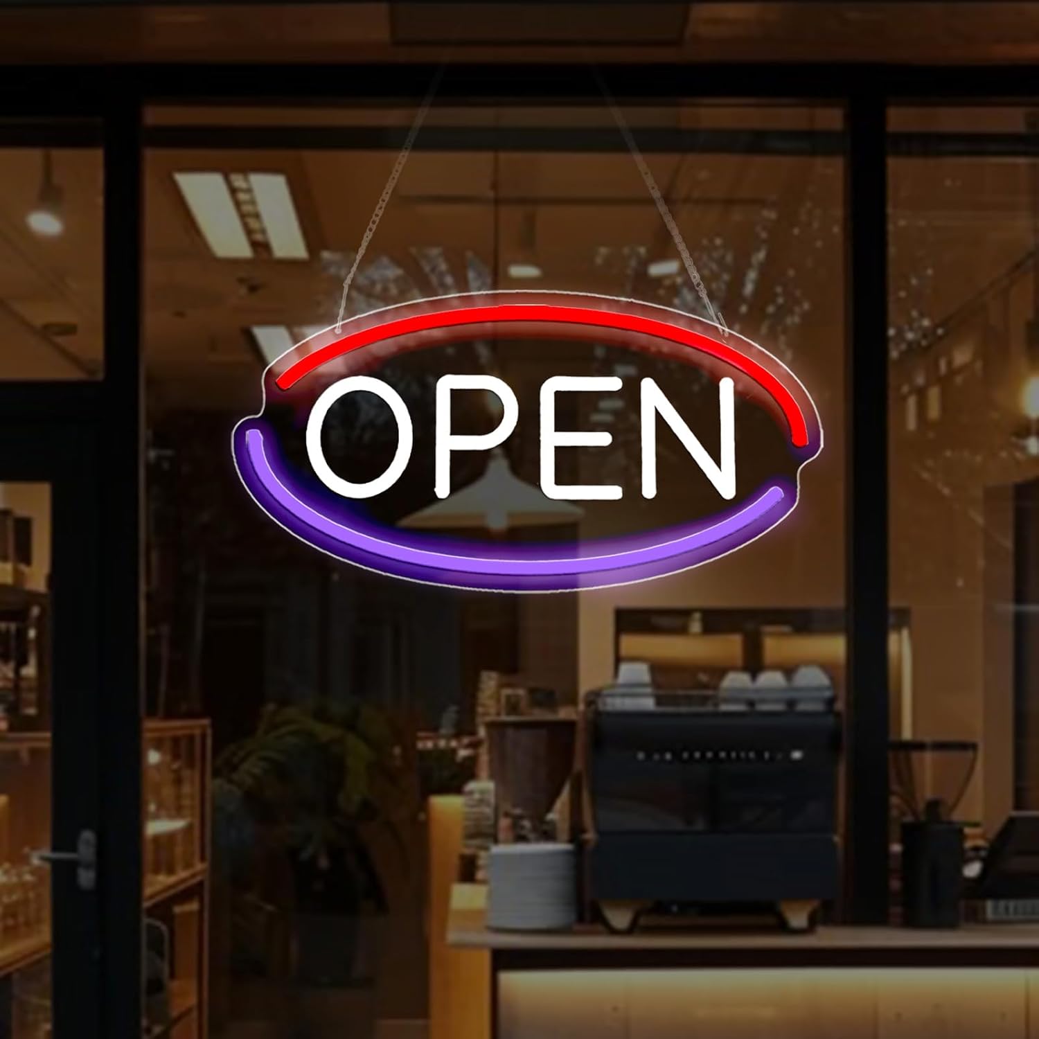 Open Sign for Business LED Neon Light – 16x8 Inch Ultra Bright Acrylic Wall Sign with White Letters, Blue Red Trim, Plug-In with Adapter for Store Window Bar Shop Cafe