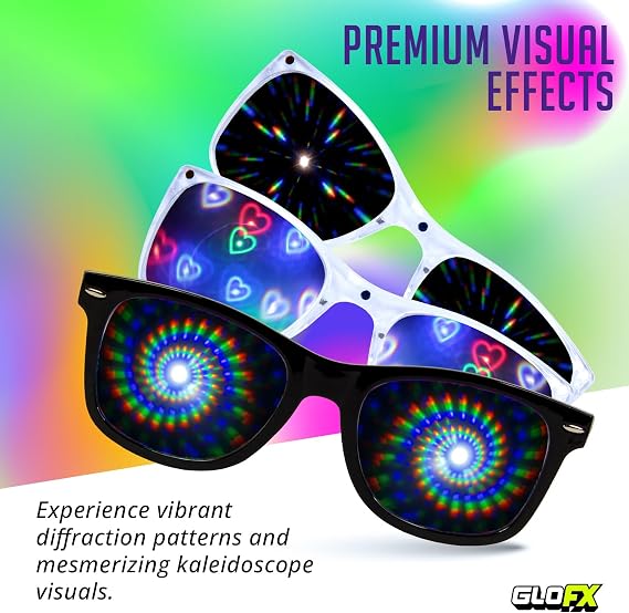 GloFX Snaps: Diffraction Rave Glasses | Black Magnetic Snap Frames with Line, Heart, and Spiral Lenses | Rave Accessories for Festivals, Rave Gear, and Kaleidoscope Effects
