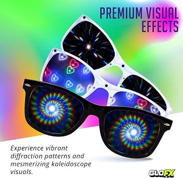 GloFX Snaps: Diffraction Rave Glasses | Black Magnetic Snap Frames with Line, Heart, and Spiral Lenses | Rave Accessories for Festivals, Rave Gear, and Kaleidoscope Effects