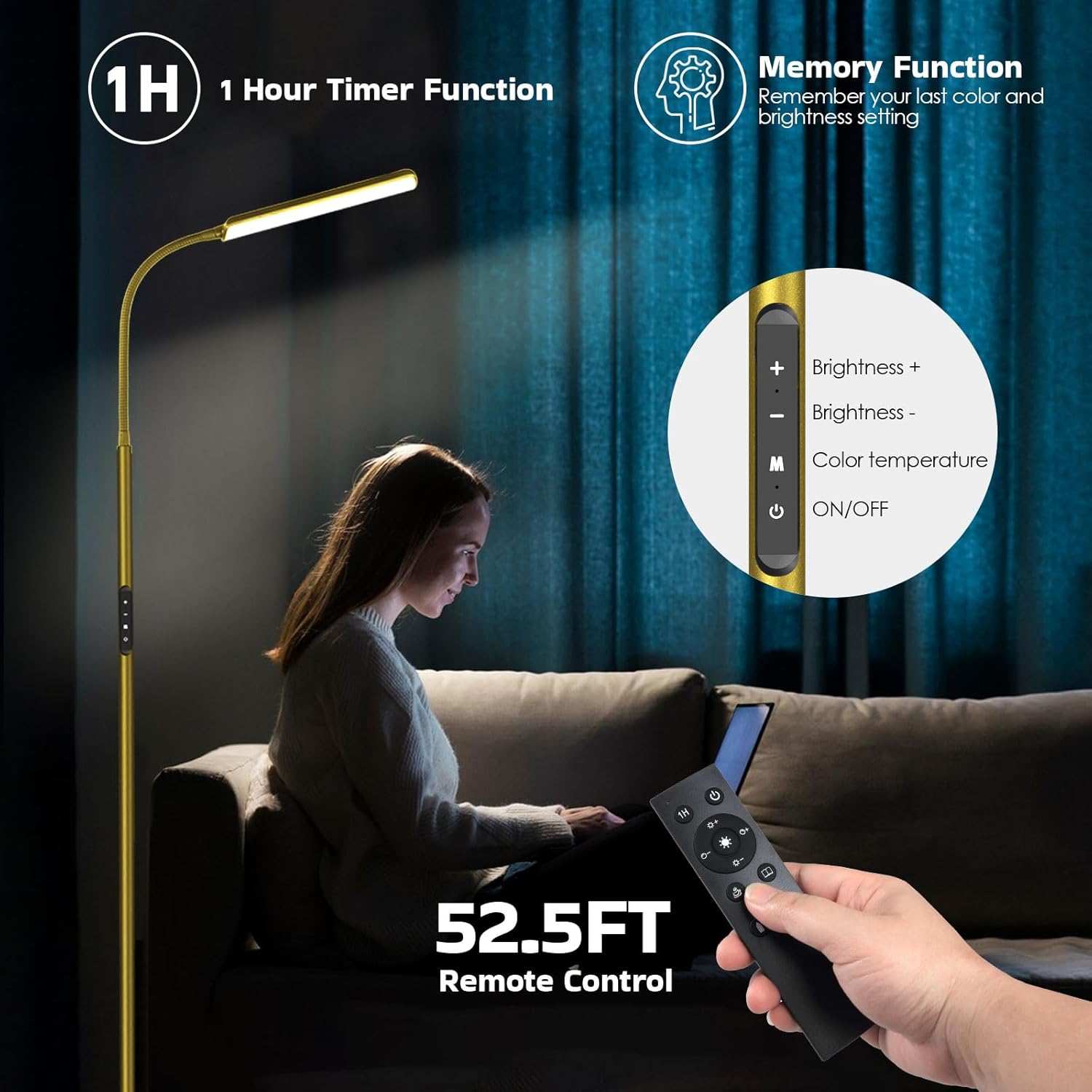 Dimunt LED Floor Lamp, Bright 15W Floor Lamps for Living Room with 1H Timer, Stepless Adjustable 3000K-6000K Colors & Brightness Standing Lamp with Remote & Touch Control Reading Floor Lamps-Golden