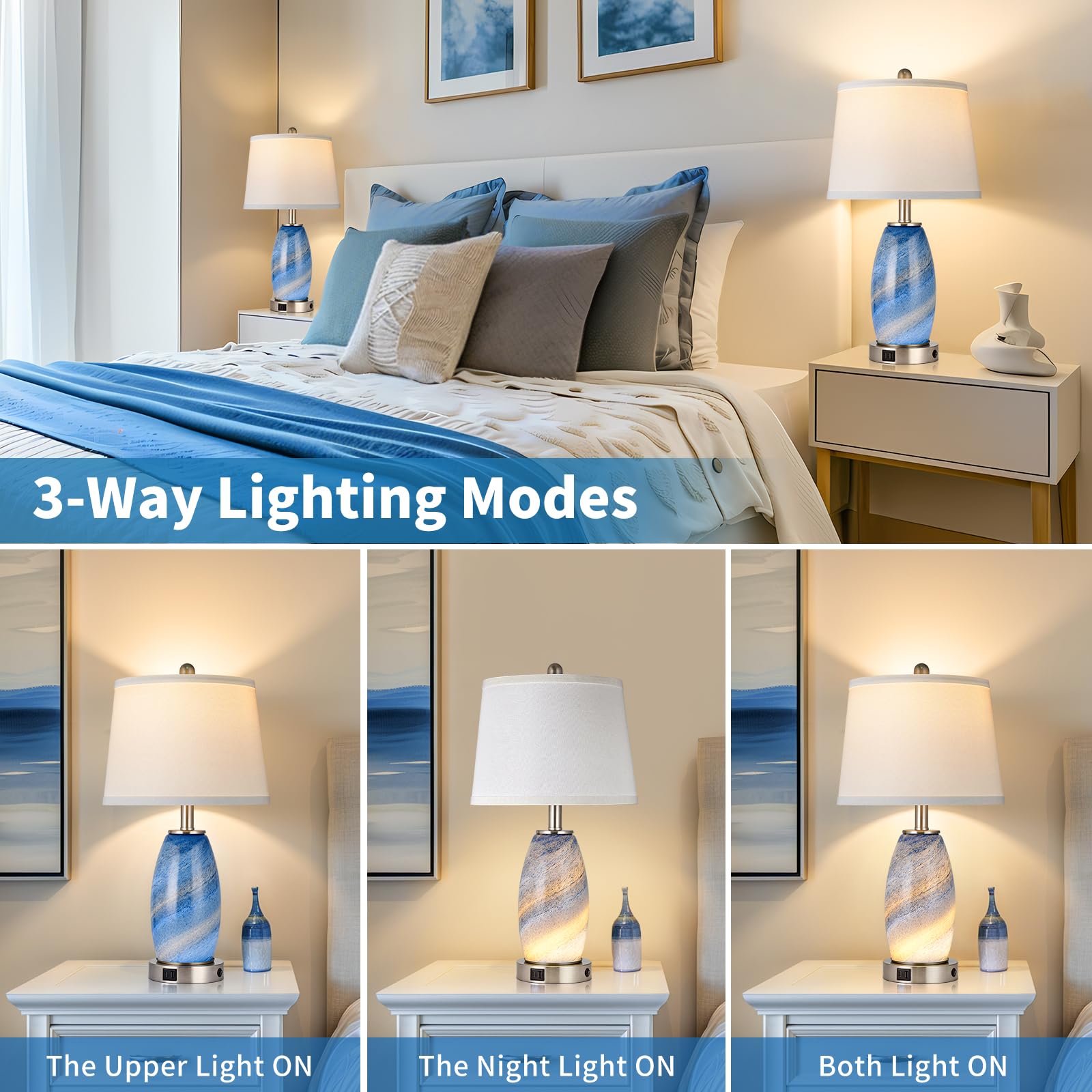 Lovlast Blaue Lampen 2er Set für Schlafzimmer & Nachttisch mit 3-Wege-Beleuchtungsmodi & USB C+A - Moderner Stil Glas Nachttisch Tischlampen für Wohnzimmer & Schlafzimmer Dekoration (59.7 cm H)