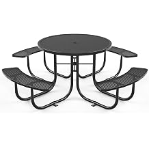 46" Round Commercial Picnic Table with Expanded Metal up to 2.5 Ton, Heavy Duty Picnic Table with Umbrella Hole for Outdoors for School, Coffe Shop, Warehouse, Black