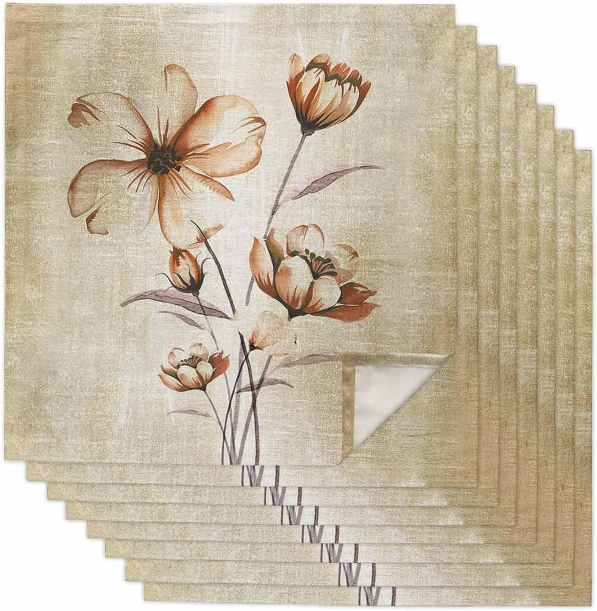 Brown Spring Floral Cloth Napkins Set of 8 Reusable Dinner Napkins, Vintage Elegant Summer Botanical Cocktail Napkin Washable Table Napkins for Wedding/Holiday Party/Baby Shower 20"x20"