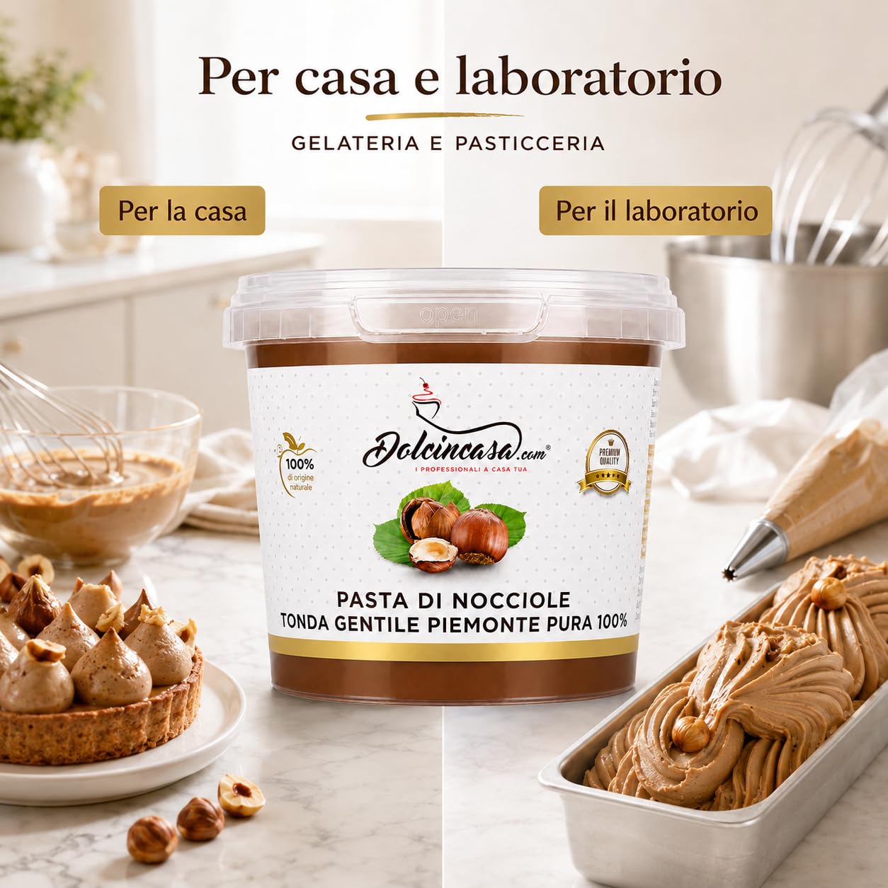Dolcincasa-Pasta di Nocciole Piemonte IGP Nocciola Tonda Gentile delle Langhe Pura al 100% per Gelati, Creme, Panna e altri usi in Pasticceria 500g