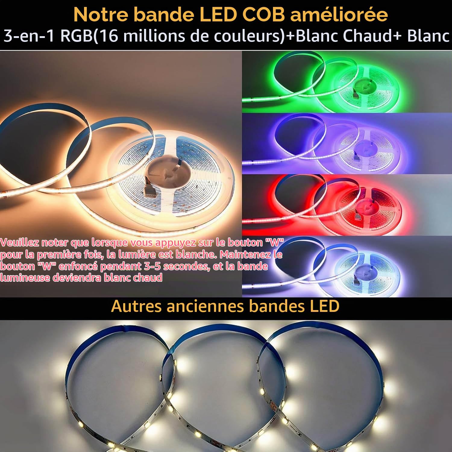 Ruban LED COB RGBW 10M WiFi, Bande Lumineuse 672 LEDs/m Haute Densité, Blanc Chaud 3000K & Multicolore, Compatible Alexa/Google Home, Sync Musique, pour Chambre, Salon, Gaming (24V)