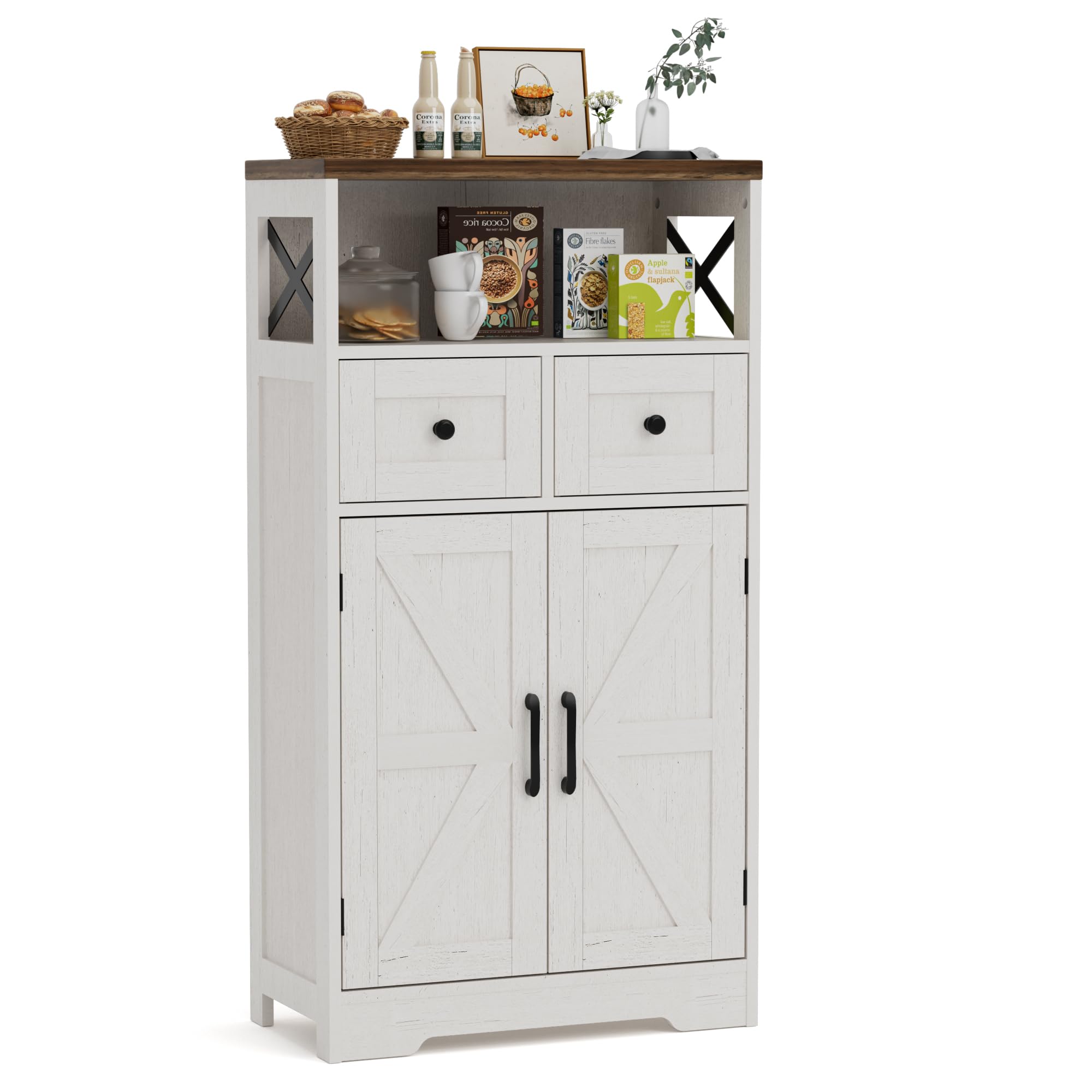 BonVache Sideboard, Küchenschrank mit Schubladen, Aufbewahrungsschrank, Anrichte mit Offenem Regal, Kaffeebar Schrank für Küche, Esszimmer, Wohnzimmer, 58 x 29 x 108cm, Weiß