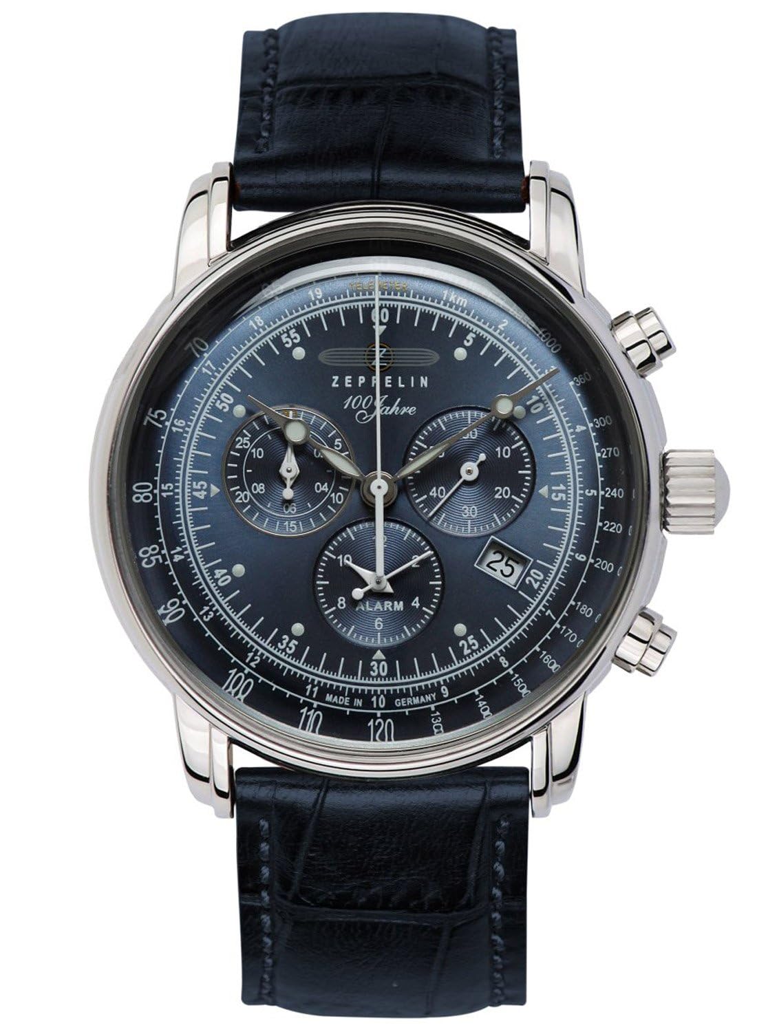 Zeppelin Herrenuhr Analog Schweizer Quarzwerk Lederarmband 42 mm, blaues Zifferblatt, Modell 7680-3