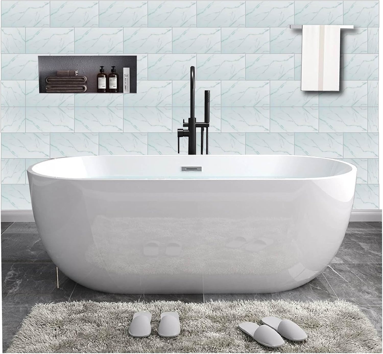 Show Colour 32 Sheets 4"x8" Peel and Stick Backsplash Marble Tiles Colorful Self Adhesive Wall Tile Back Splashes for Kitchen Bathroom (32, White)