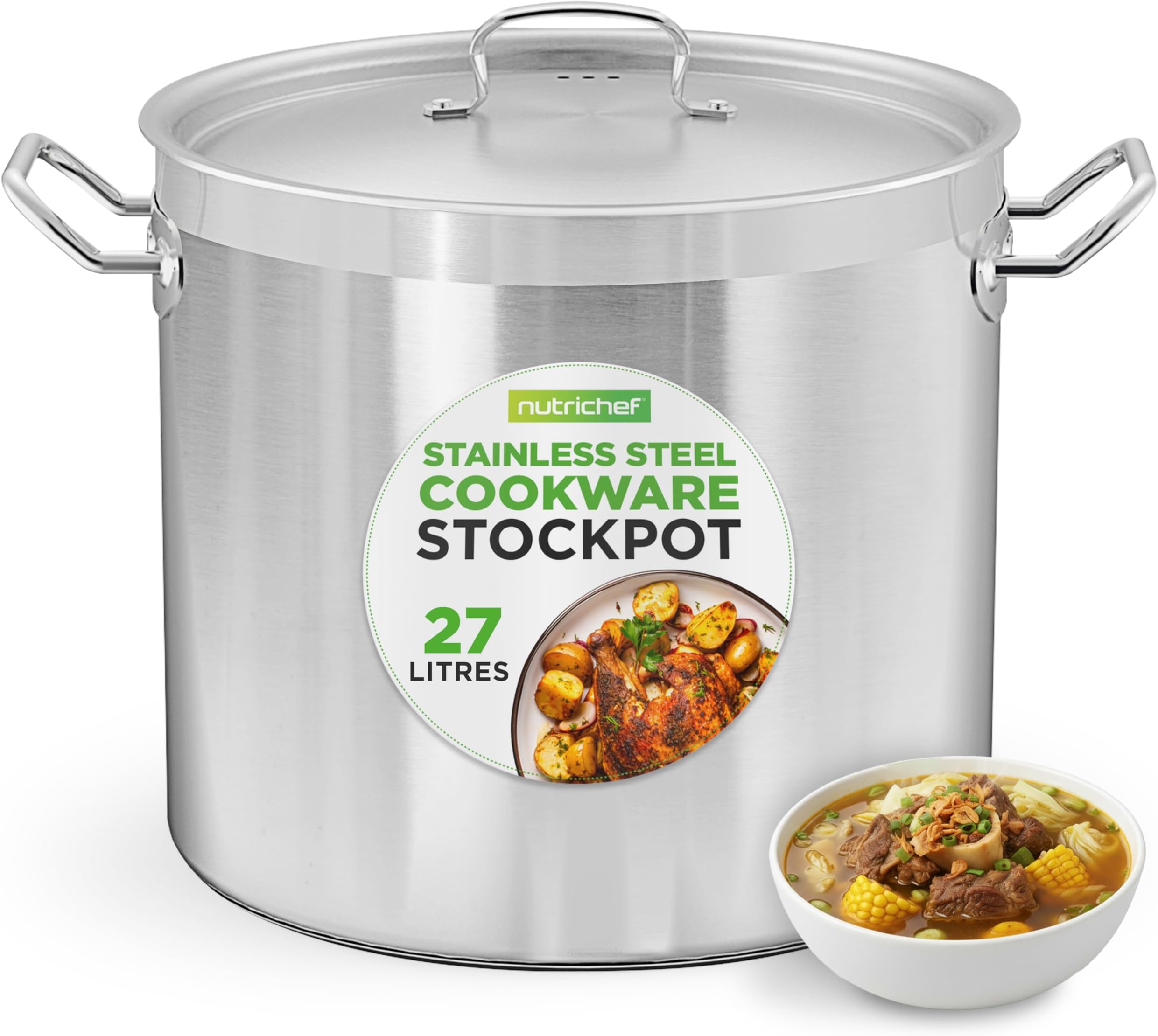 – NutriChef Stainless Steel Stock Pot with Lid, 27 L Big Stockpots for Stew, Soup, Pasta, Meat- Induction Ready, Large Cooking Pot with Ergonomic Handles, Uncoloured