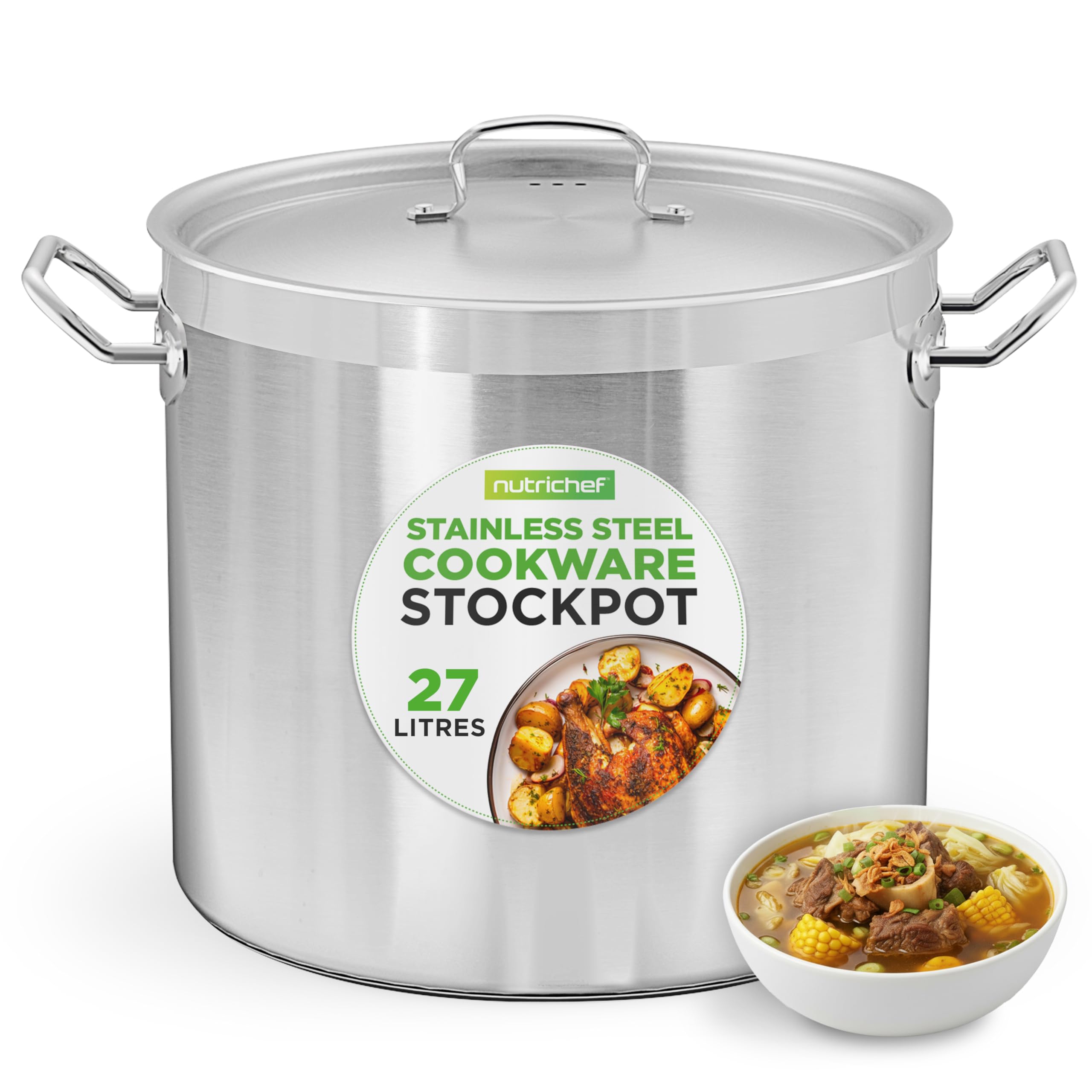 Stainless Steel Stock Pot with Lid, 28.4L Big Stockpots for Stew, Soup, Pasta, Meat- Induction Ready, Large Cooking Pot with Ergonomic Handles