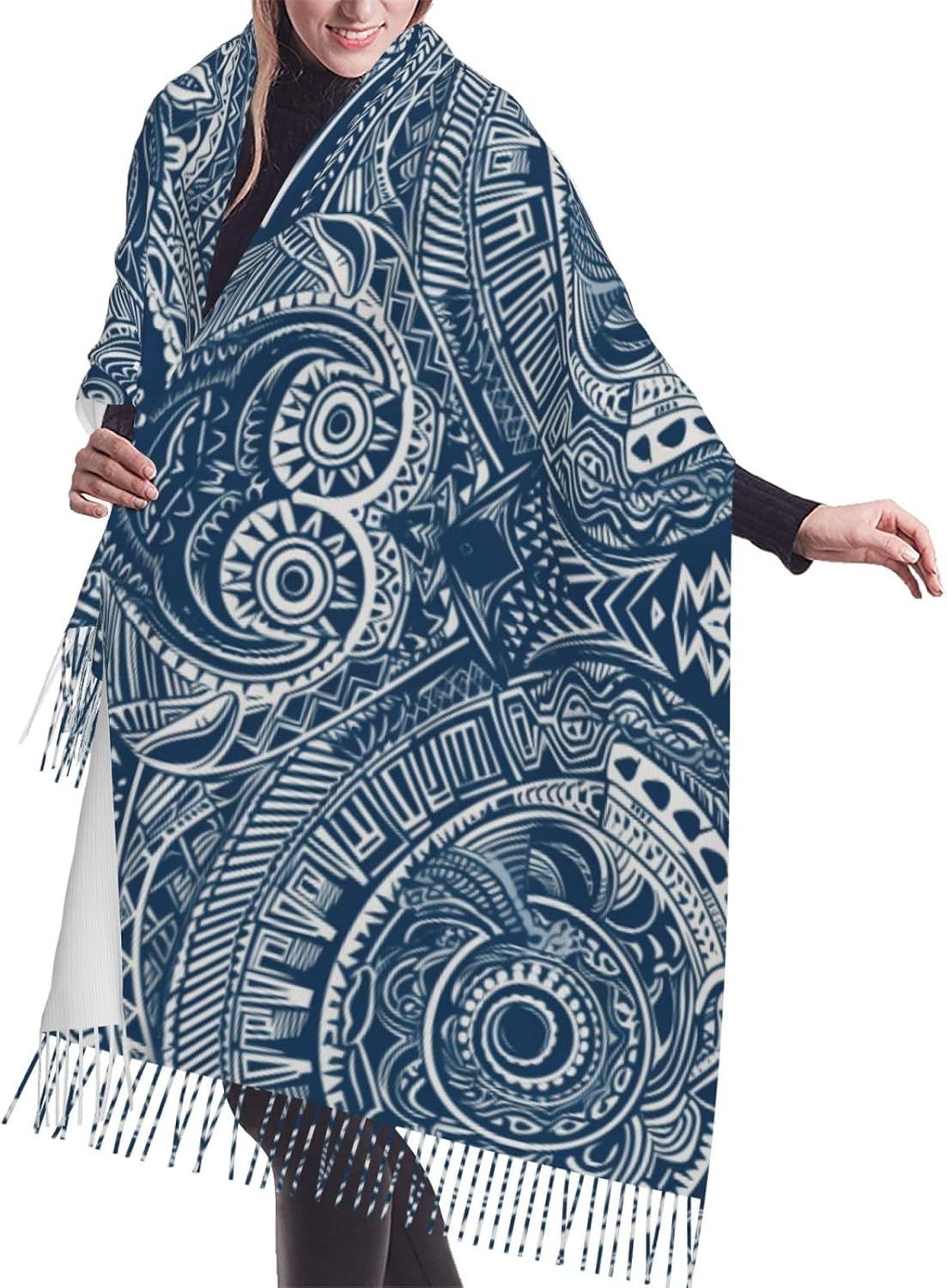 (Blue Polynesian Maori Tribal Pattern) Women's Soft Warm Scarf Large Plush Shawl Wrap with Fringe Fashion Winter Scarves for Cold Weather