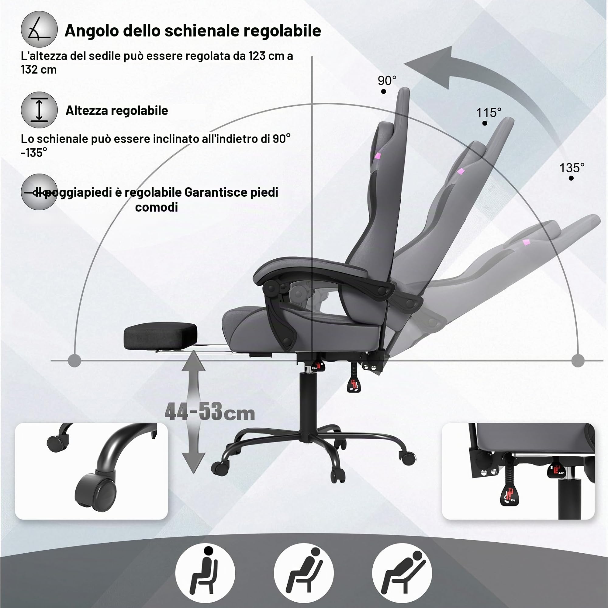 YHome Sedia da gaming da ufficio, regolabile in altezza, con cuscino, cuscino lombare, poggiapiedi e braccioli, ergonomica, superficie in tessuto vellutato (nero+grigio+viola)