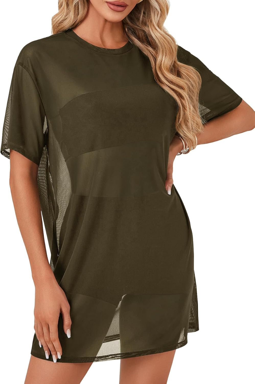 LYANER Women's Sheer Mesh Short Sleeve Cover Ups Round Neck See Through Sexy Blouse Shirt Top - Image 4