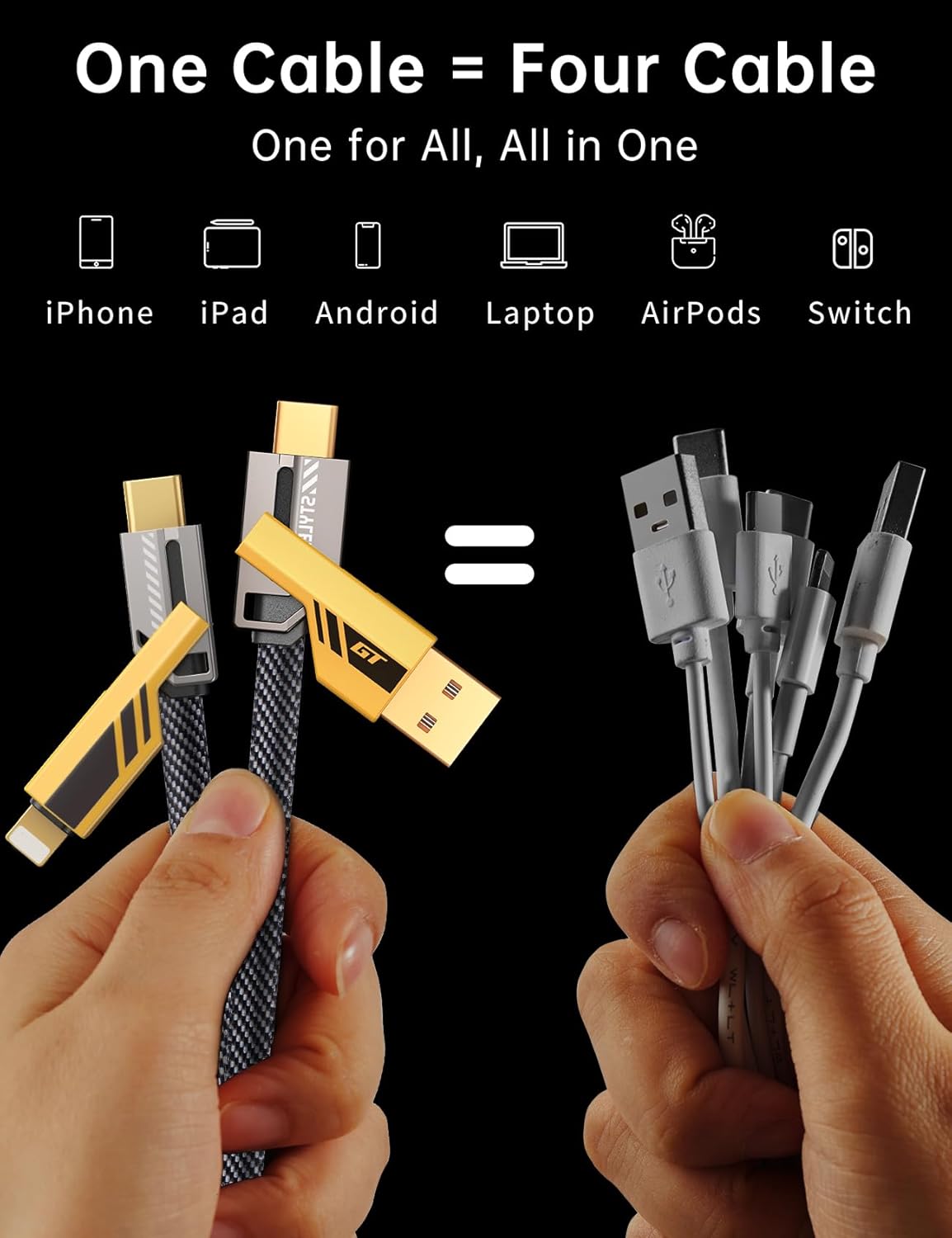 SHEZI [Upgraded 2.0] 4-in-1 USB C Cable 60W 5FT Compatible with Lightning Cable [Fast Charging & Data Transfer] Flat Braided Multi Charger Cord Combo with L/USB C/A Port for iPhone/iPad & All Devices