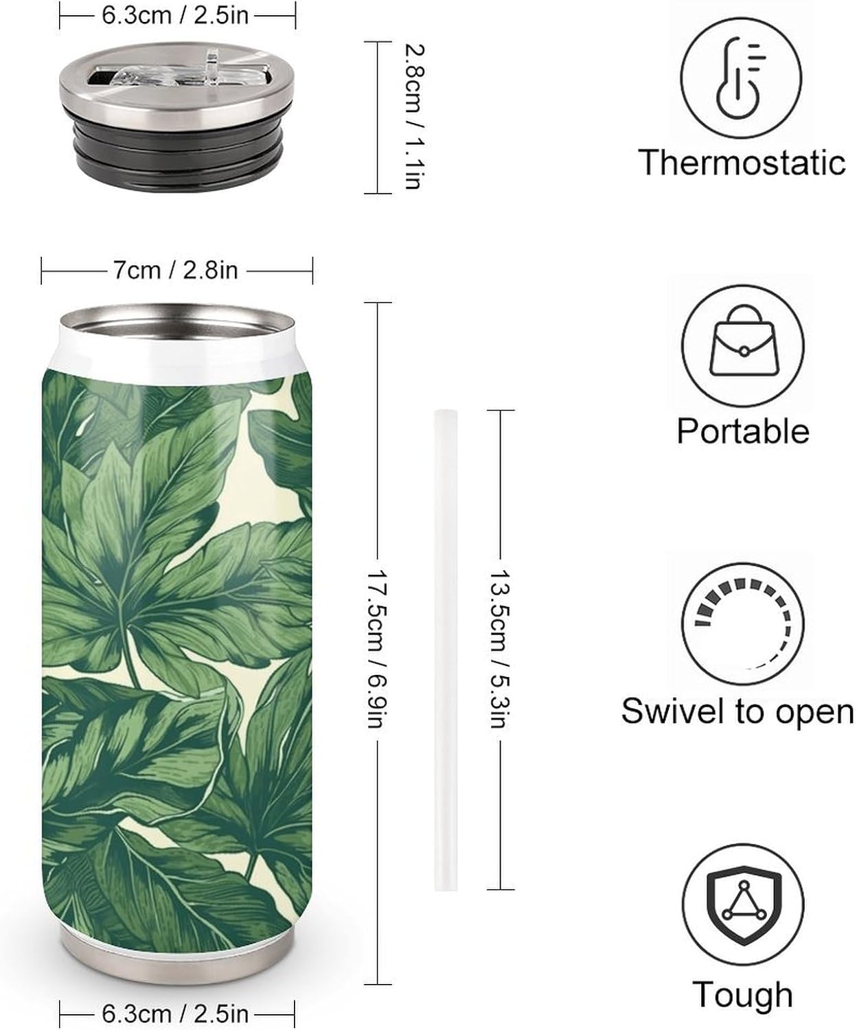 Stainless Steel Cups Green Foliage Botanical Printed Coke Cup Stainless Steel Insulated Cups with Lid And Straw