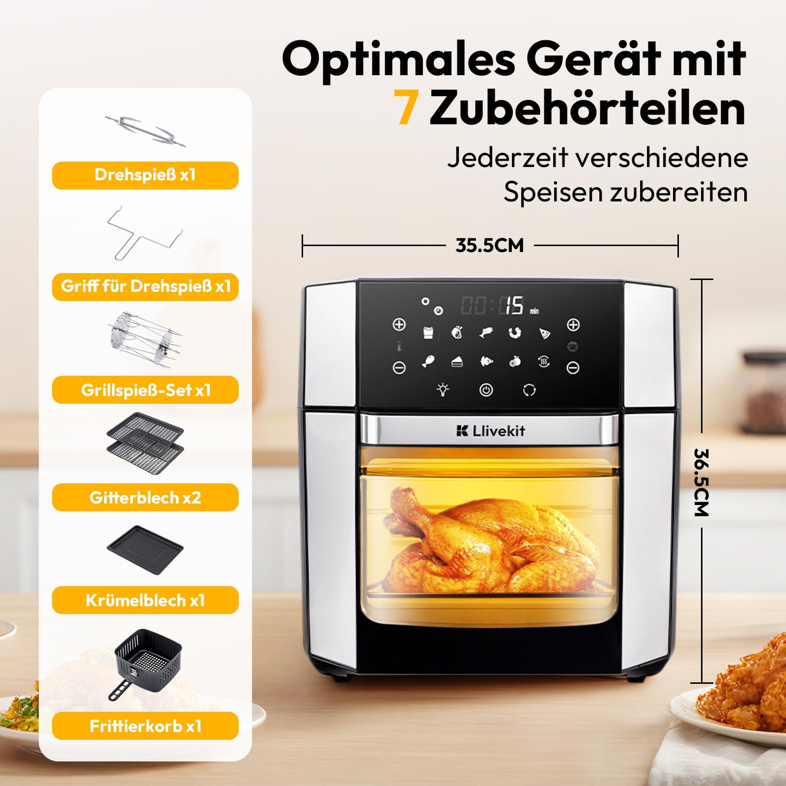 LLIVEKIT 15L XXL Heißluftbackofen, 10 in 1 Heißluftfritteuse, Mini Backofen mit Umluft 1800W, 3 Etagen, Drehspieß, 7 Zubehörteile, 90% weniger Öl, abnehmbare Tür, spülmaschinenfest, PFOA-frei