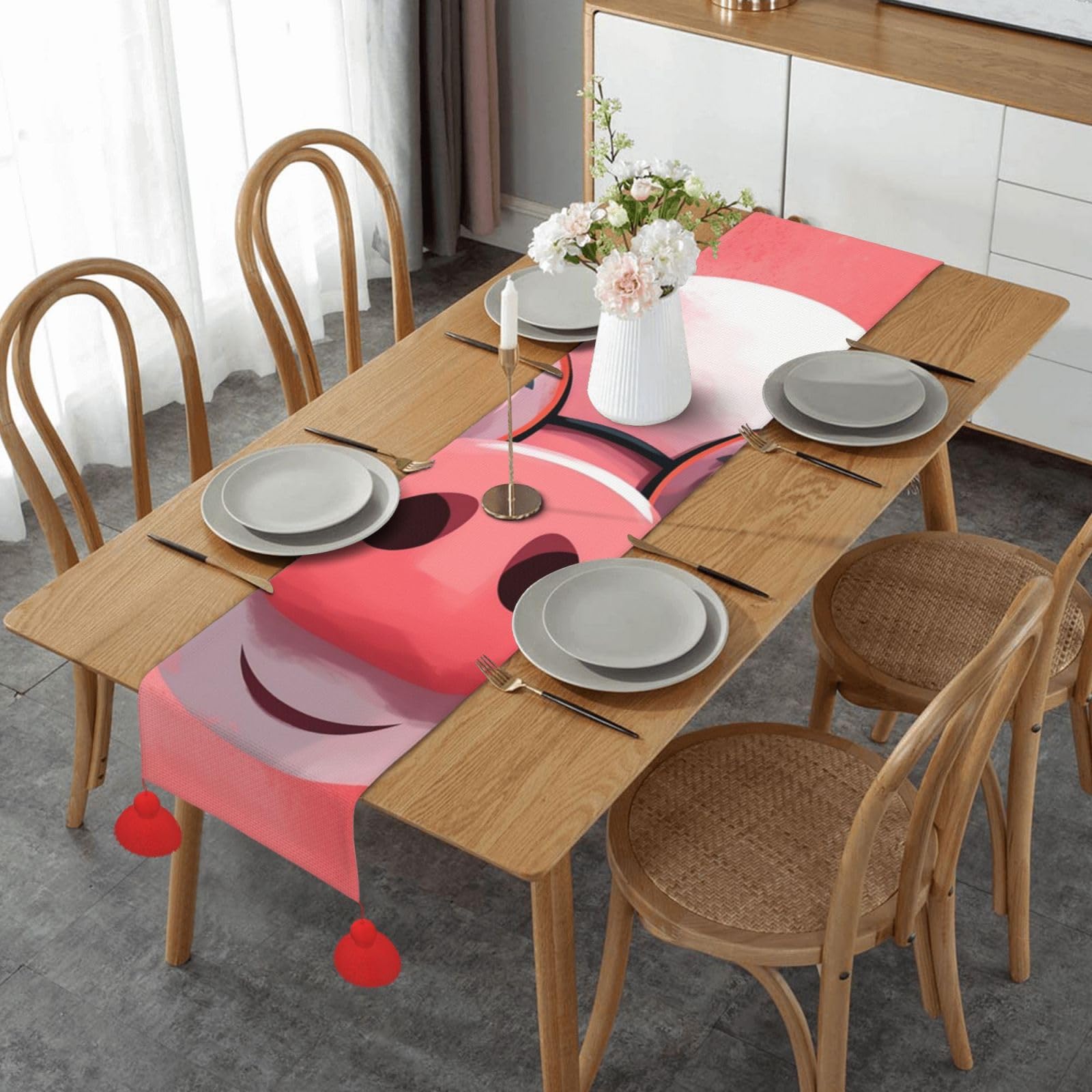 Chemin de table en lin cochon 35x152 cm avec pampilles rustiques pour cuisine