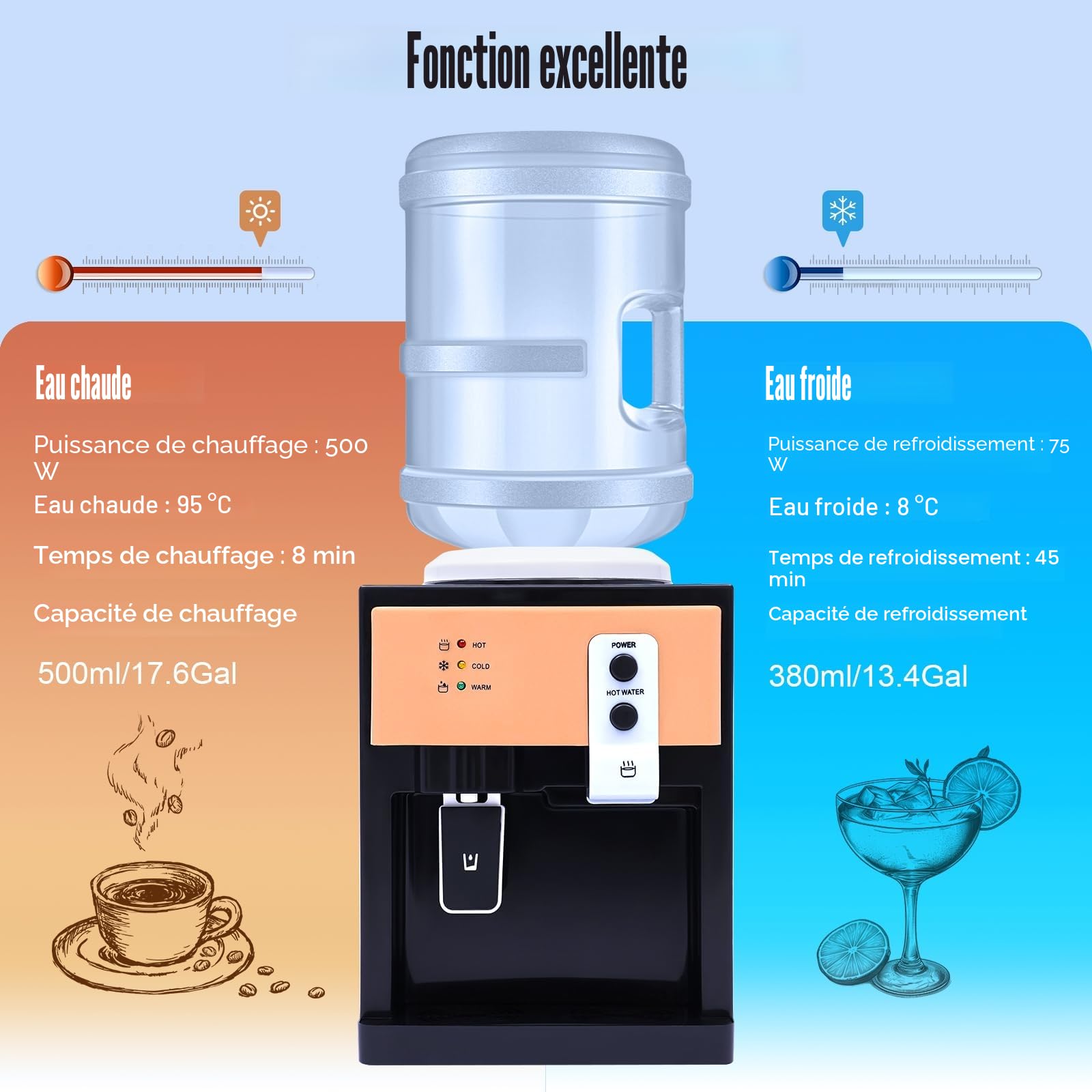 Distributeur d'eau électrique, 550 W, 220 V, pour bureau, maison, eau chaude et froide, distributeur d'eau debout pour 3,5 litres, 5 litres, 10 litres et 18,9 litres d'eau dans seau (noir)
