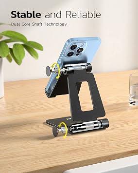 Nulaxy Full Aluminum Dual Folding Cell Phone Stand for Desk, Black | Height Angle Adjustable, Portable, Anti-Slip Base, Fits 18mm Thick Case Smartphone, Nintendo Switch Desk Essential Accessory