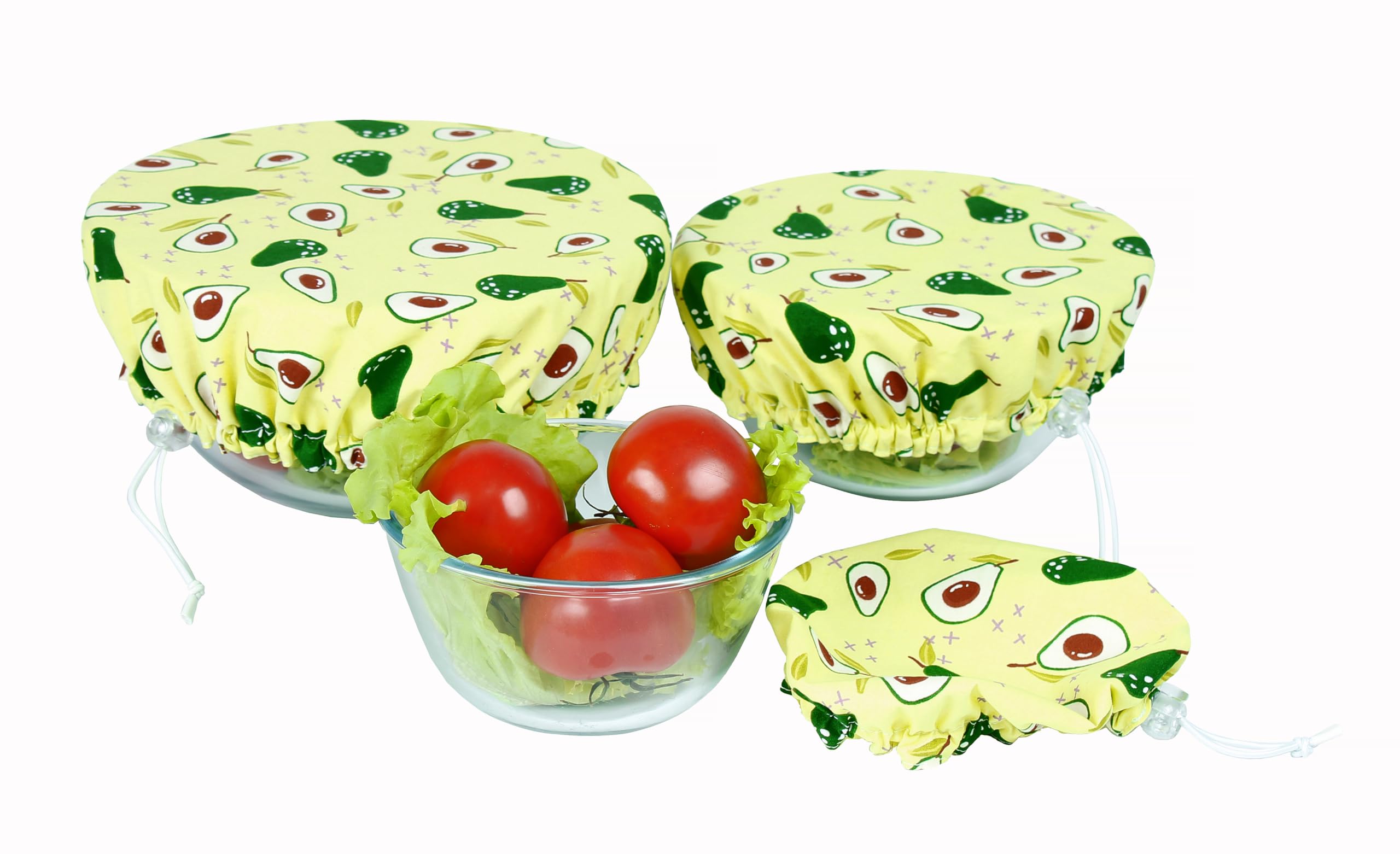 Handmade Reusable Cotton Fabric Bowl Covers - Two Layers of Fabric (Set of 3, Avocado)