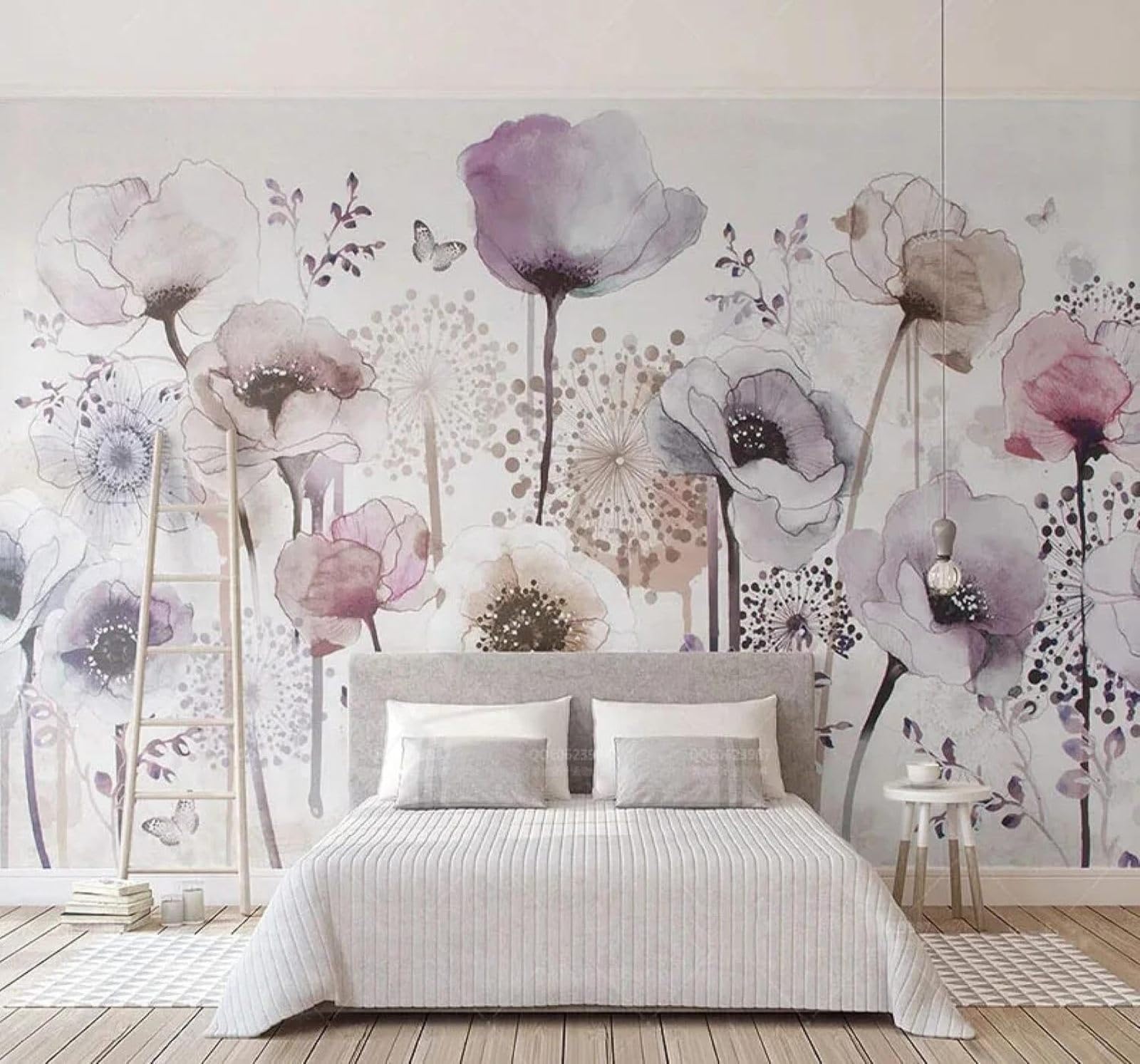 XLMING Hand Drawn Watercolour Purple Flowers Butterflies 3D Wallpaper Luxury Silk Study Dining Feature Sofa Grey Bedroom Living Room Tv Decorative Wall-400cm×280cm