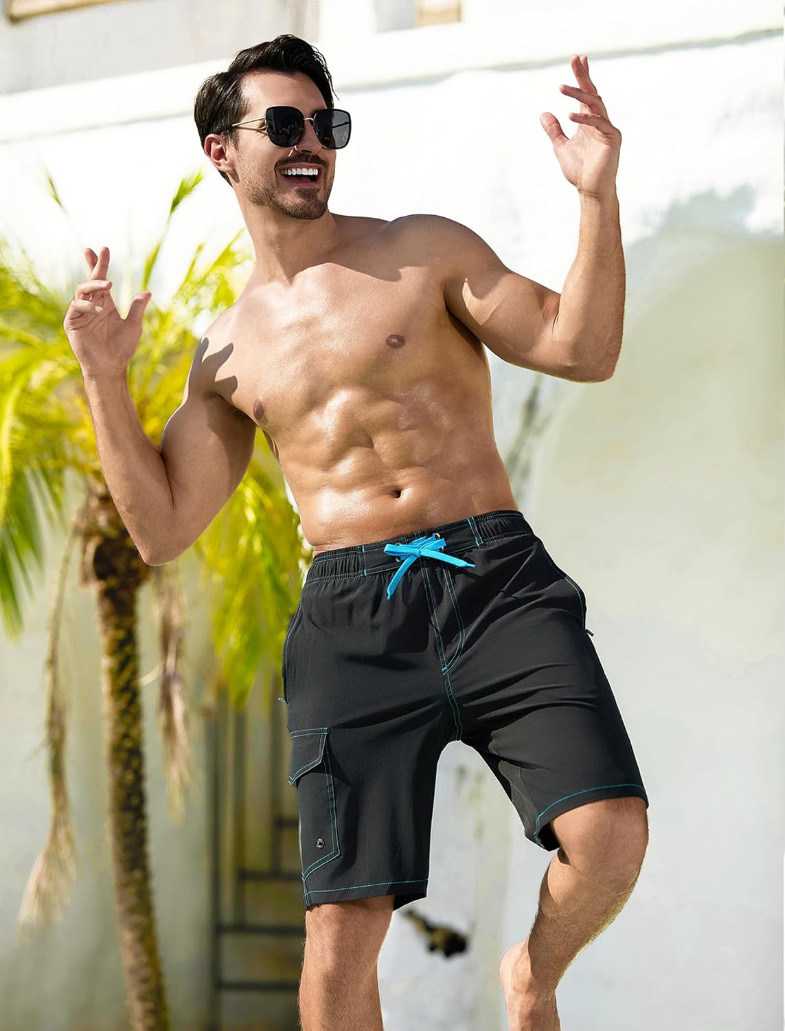 SILKWORLD Mens Swim Trunks with Compression Liner Quick-Dry 10" Stretch Beach Shorts 34 Black & Blue image 4 of 7 B0CQP9C9QP