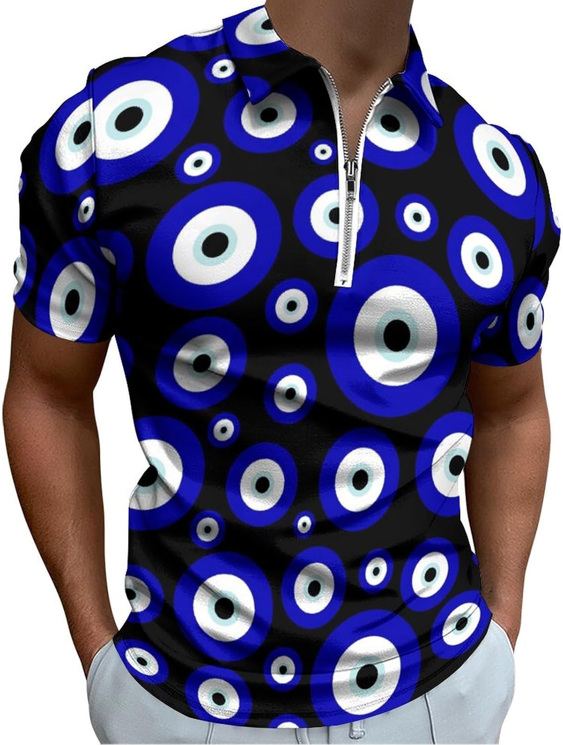 whuhezhi Blue Evil Eye Men's Zip-Up Polo Shirt Casual Knit