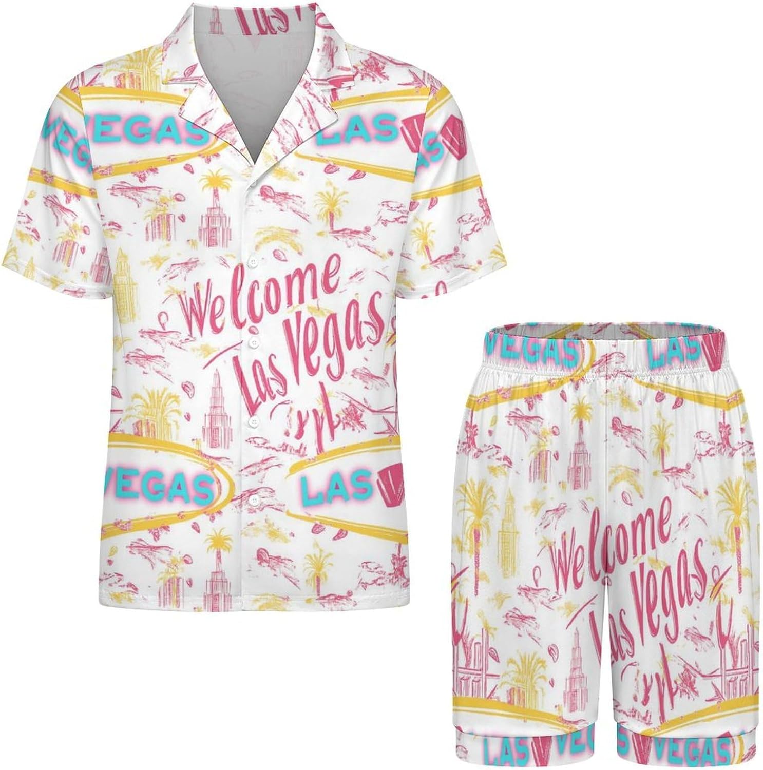Welcome Las Vegas Men's Short Sleeve Pajama Set Satin Silk Like Lounge Sleepwear