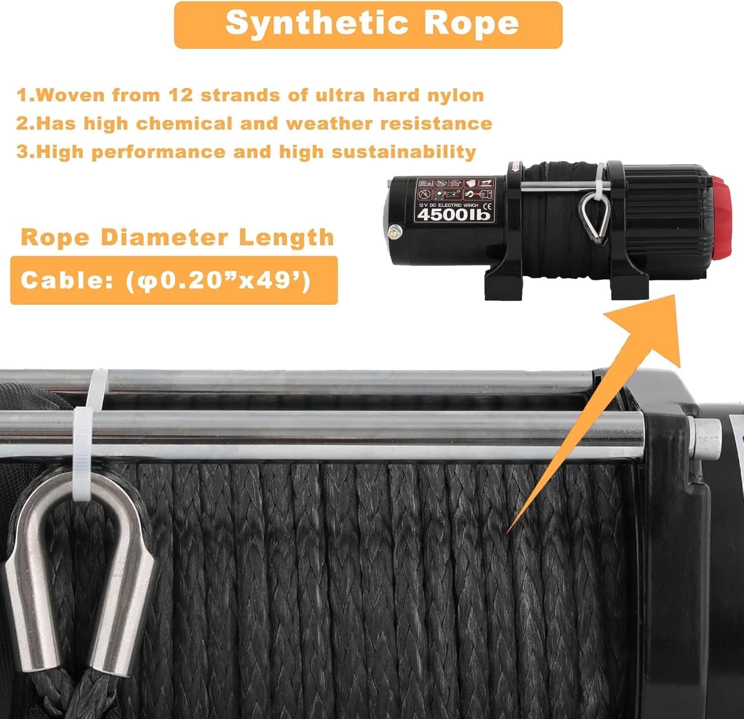 Tool Offroad 4500 lbs Electric Winch, 12V Synthetic Rope Trailer Winch with Wireless & Wired Remote, Waterproof Recovery Winches for Towing ATV/UTV, Boat, Black