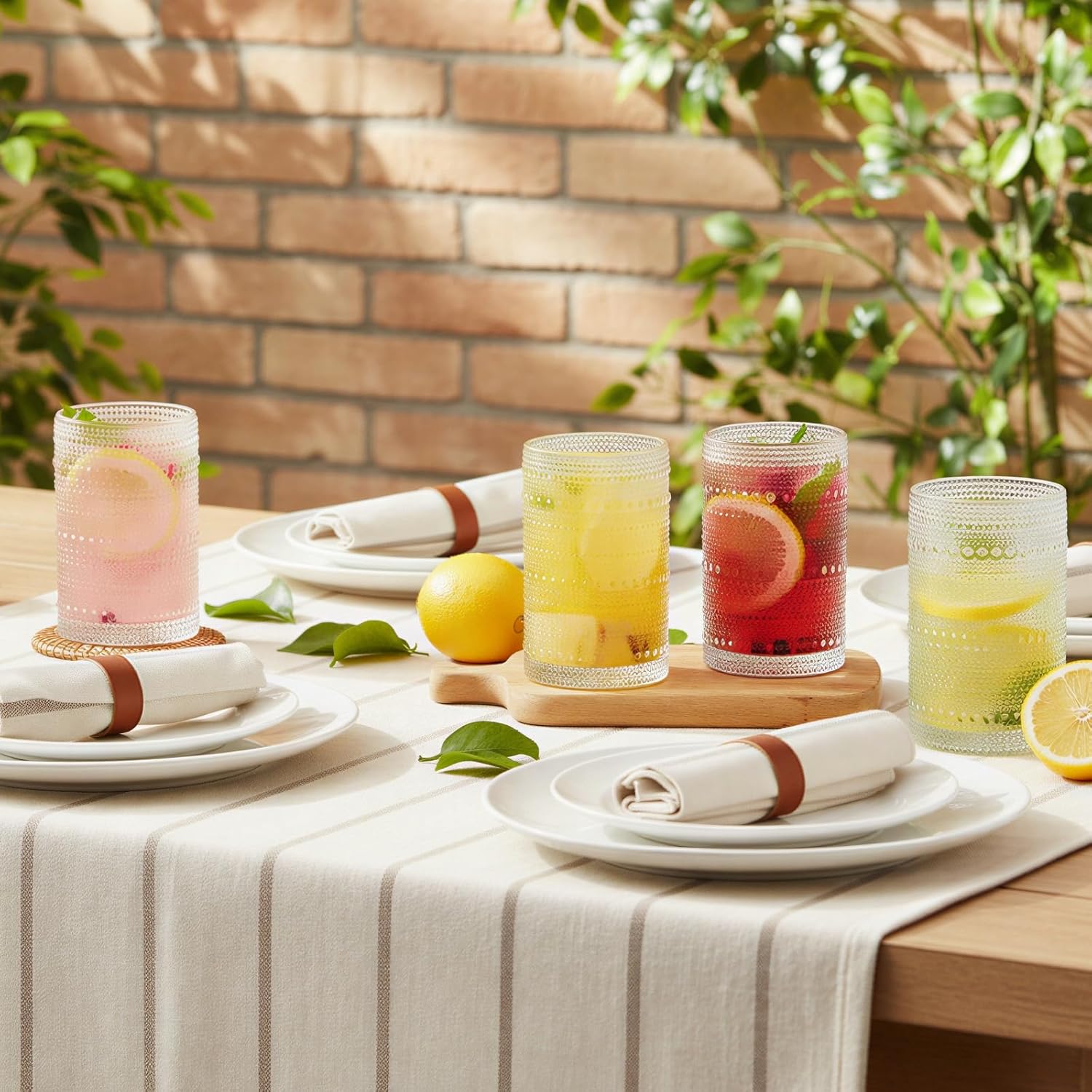 Moretoes Hobnail Drinking Glasses Set of 6,12 Oz Highball Glasses Clear Embossed Boho Water Glass Cups Kitchen Bar Tumbler Glassware Set for Whiskey, Beer, Juice, Milk and Various Mixed Drinks (Clear) - Image 7