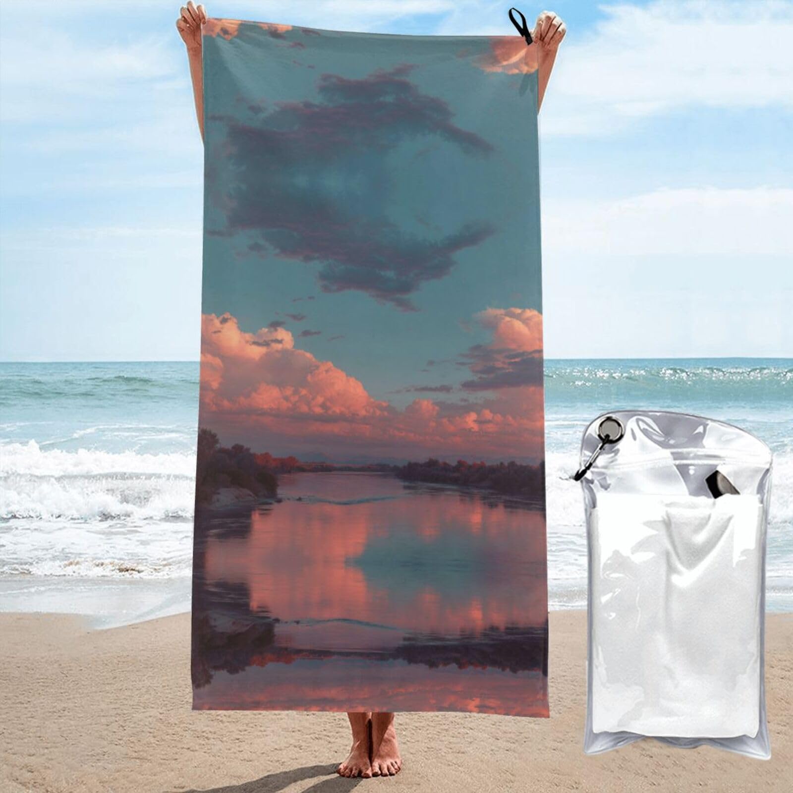 ESNAIUVCD River And The Great Sky Print Beach Towel, Microfibre Sauna Towel, Quick-Drying Fitness Towel, Lightweight And Thin Portable Sauna Towel