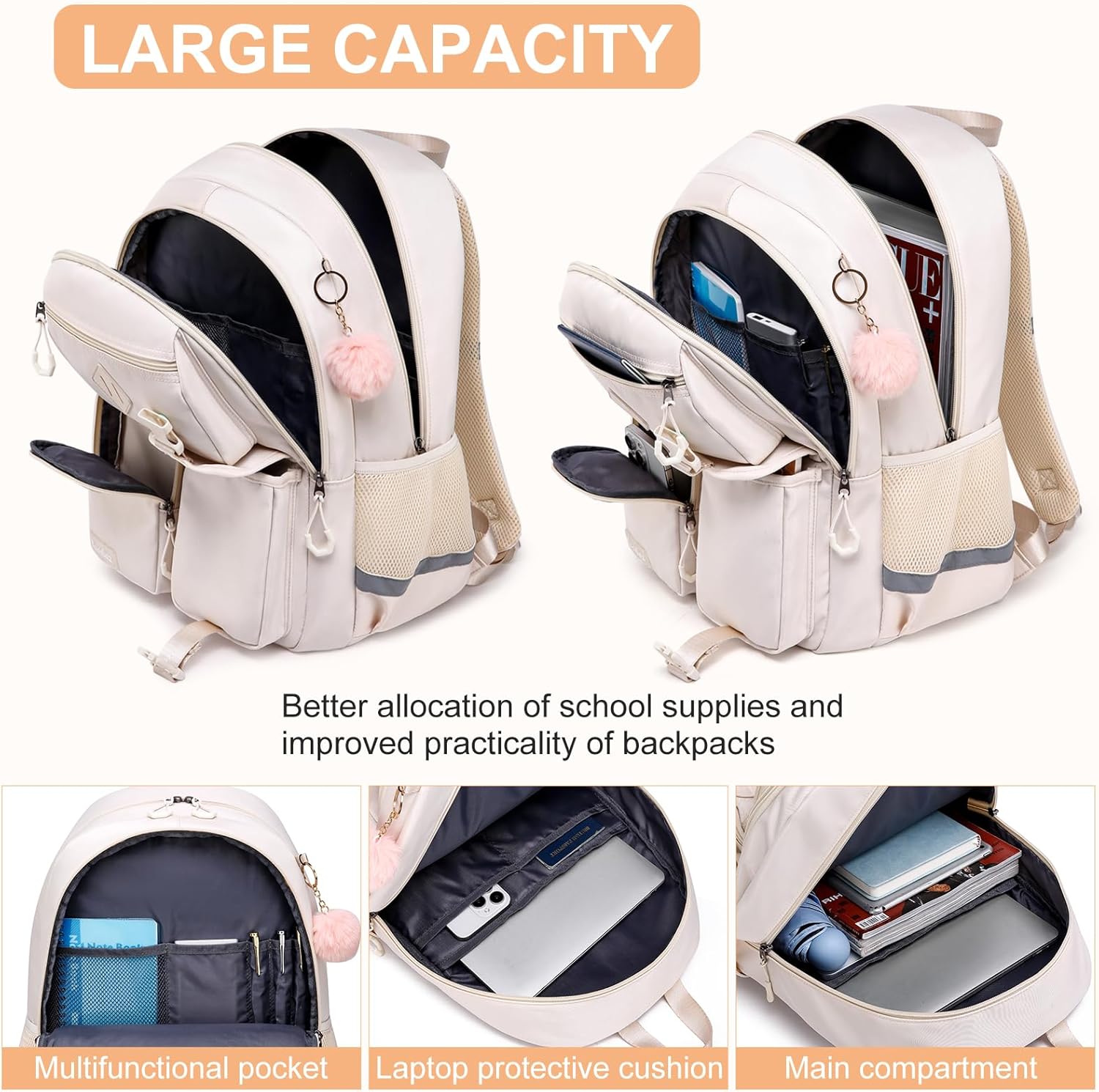 School Backpack for Teen Girls, Cute College Backpacks for Women Kids Students Bookbag 15.6 Inch Laptop Bag Middle School Back Pack, Beige