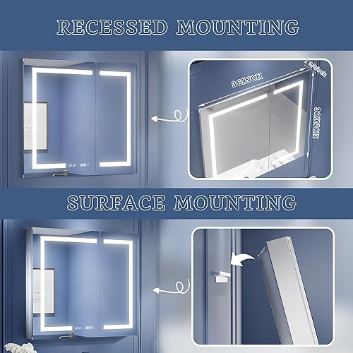 Miniatura 9 de ExBrite Botiquín de baño con iluminación LED con espejo, 36 x 32 pulgadas, botiquín empotrado o de superficie, reloj, pantalla de temperatura