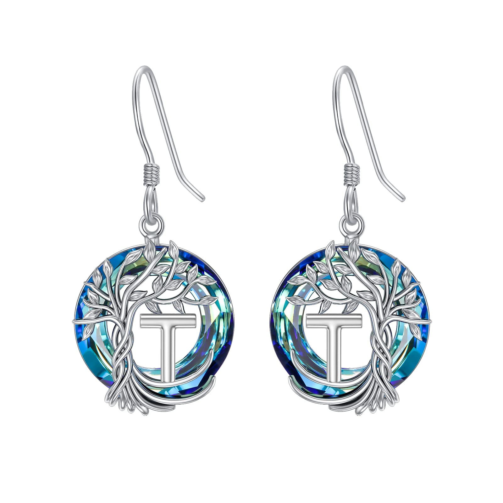 TOUPOP Tree of Life Initial Earrings 925 Sterling Silver A-Z Letter Drop Dangle Earrings Blue Circle Crystal Jewelry Birthday Christmas Gifts for